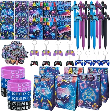 Tuhangcc 110Pcs Video Game Party Favors Set For 12 Guest Included Video Game Keychains Gamer Goodie Bag Silicone Wristband Stickers Notebooks Gel Pen For Gamer Party Favors Gamer Birthday Party Gifts