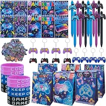 Tuhangcc 110Pcs Video Game Party Favors Set For 12 Guest Included Video Game Keychains Gamer Goodie Bag Silicone Wristband Stickers Notebooks Gel Pen For Gamer Party Favors Gamer Birthday Party Gifts
