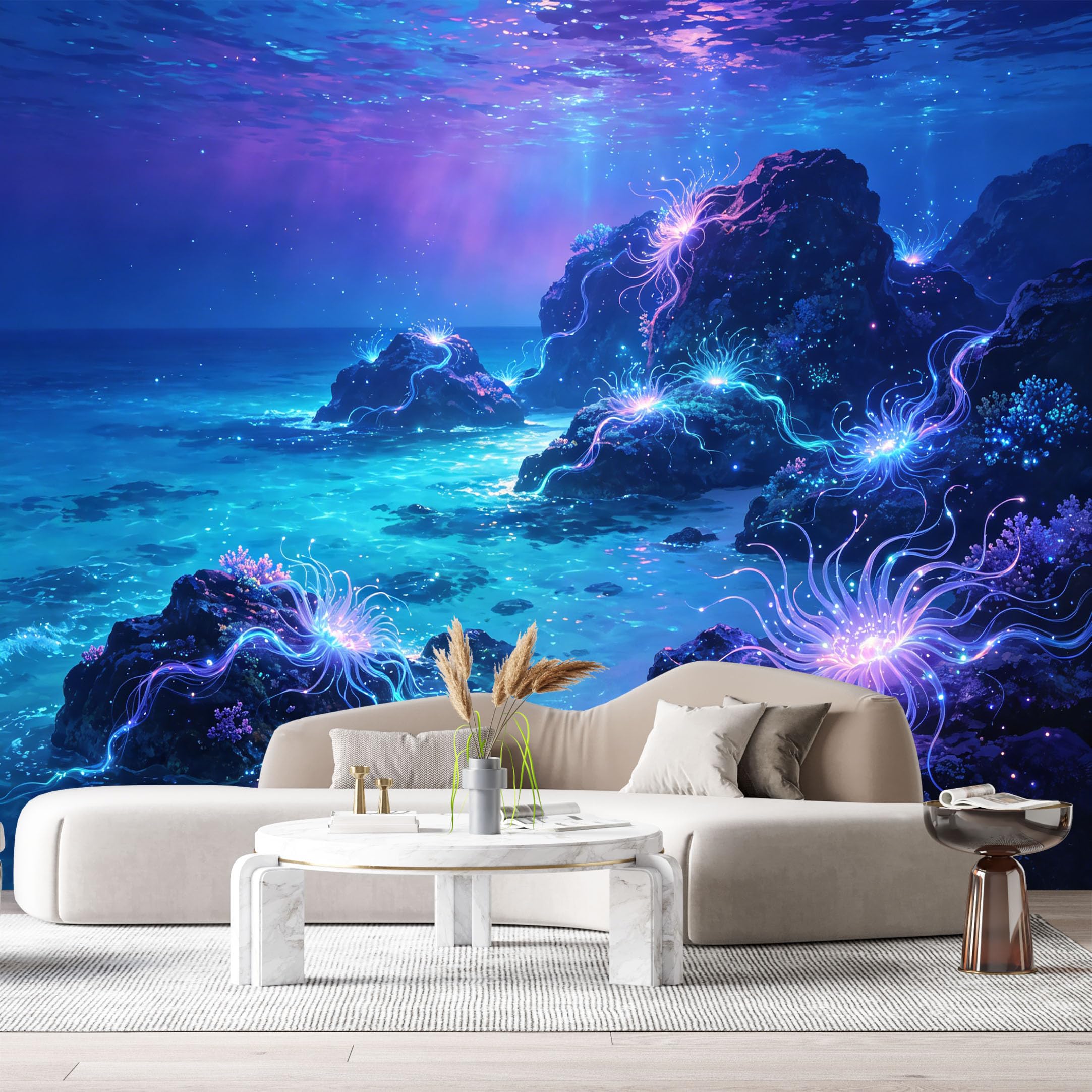 Custom Size Wall Murals Bioluminescent Ocean Marine 3D Glowing Coral Reef Underwater Landscape SelfAdhesiveWall Fabric Removable Wallpaper Wall Decor for Living Room Bedroom Bathroom