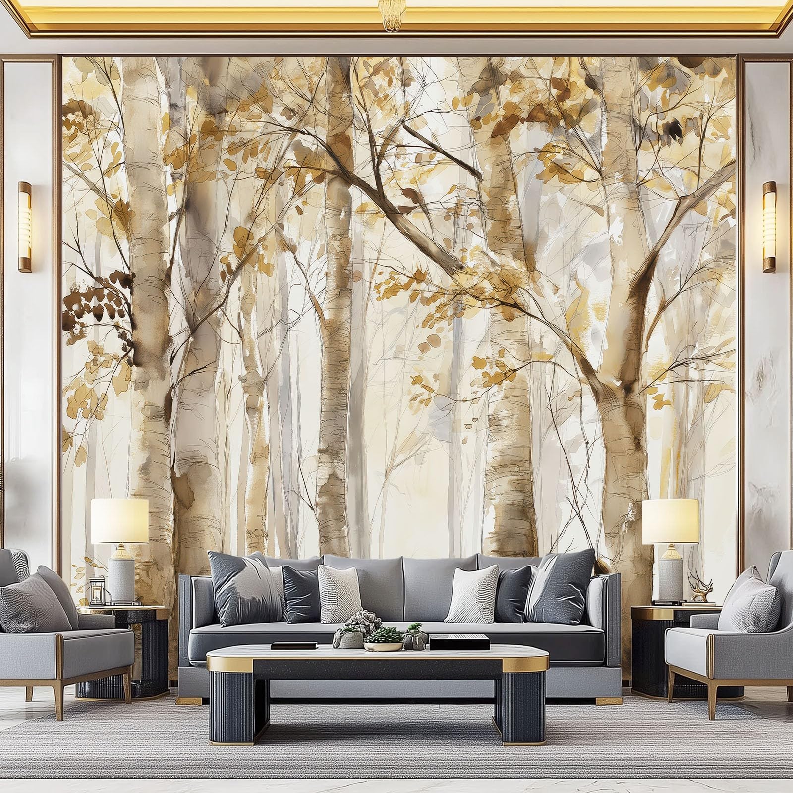 Carta da Parati Non Tessuta 300 x 210 cm（WxH, Bosco Di Betulle Acquerello Stampa Carta da Parati per Decorazione Murale - Beige Mural per Pareti Della Camera da Letto Soggiorno