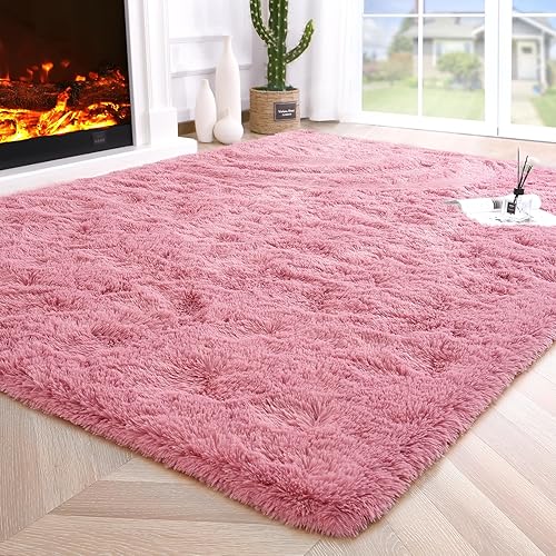 Noahas Alfombras esponjosas para dormitorio, 4 x 5.3 pulgadas, color rubor, alfombras gruesas y peludas para sala de estar, alfombra suave para