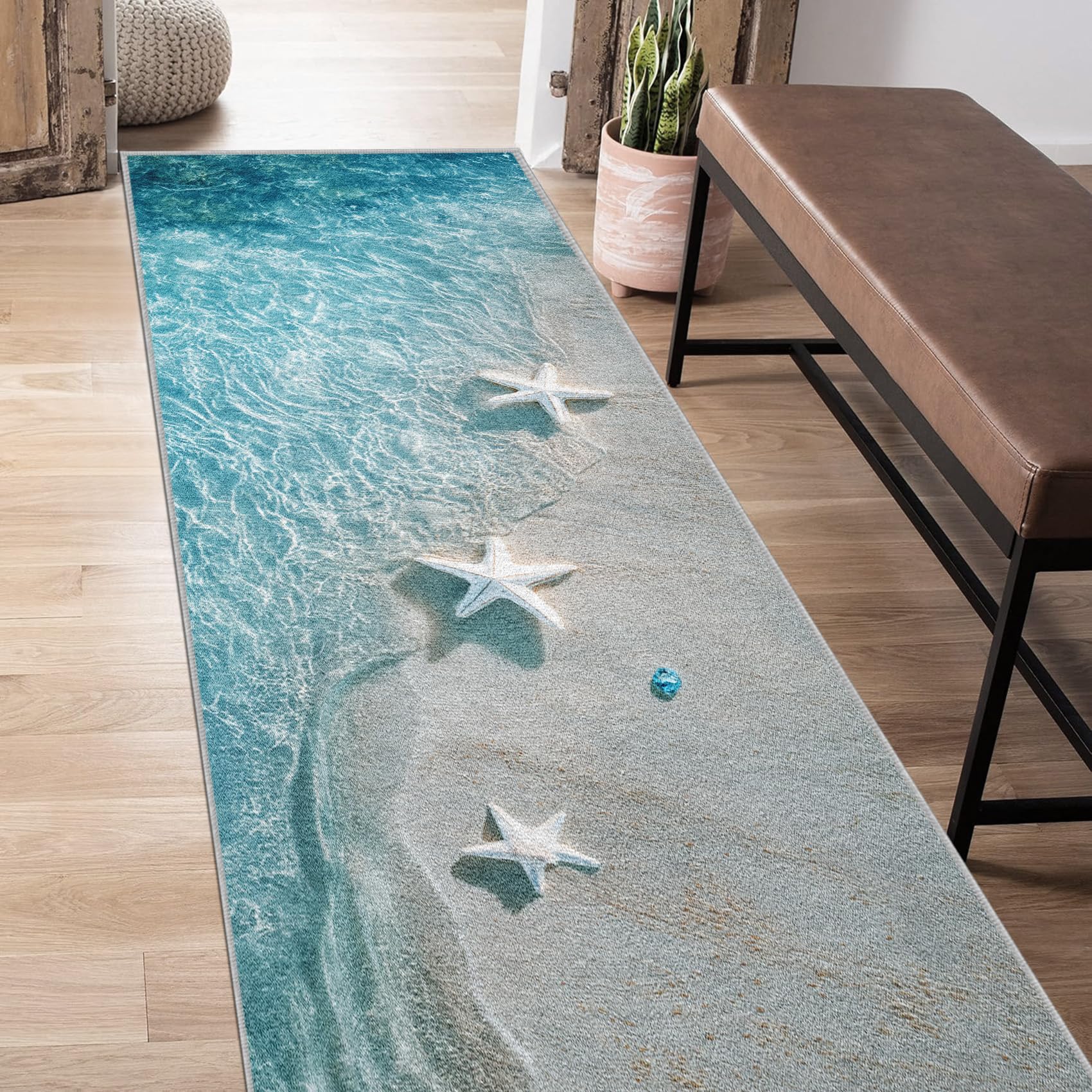 Generisch Meer Strand Läufer Teppich Flur 60x180cm Waschbar Seestern Teppichläufer rutschfest Kurzflor Teppich Läufer für Eingang, küche, Schlafzimmer, Wohnzimmer, Korridor kT&Q365