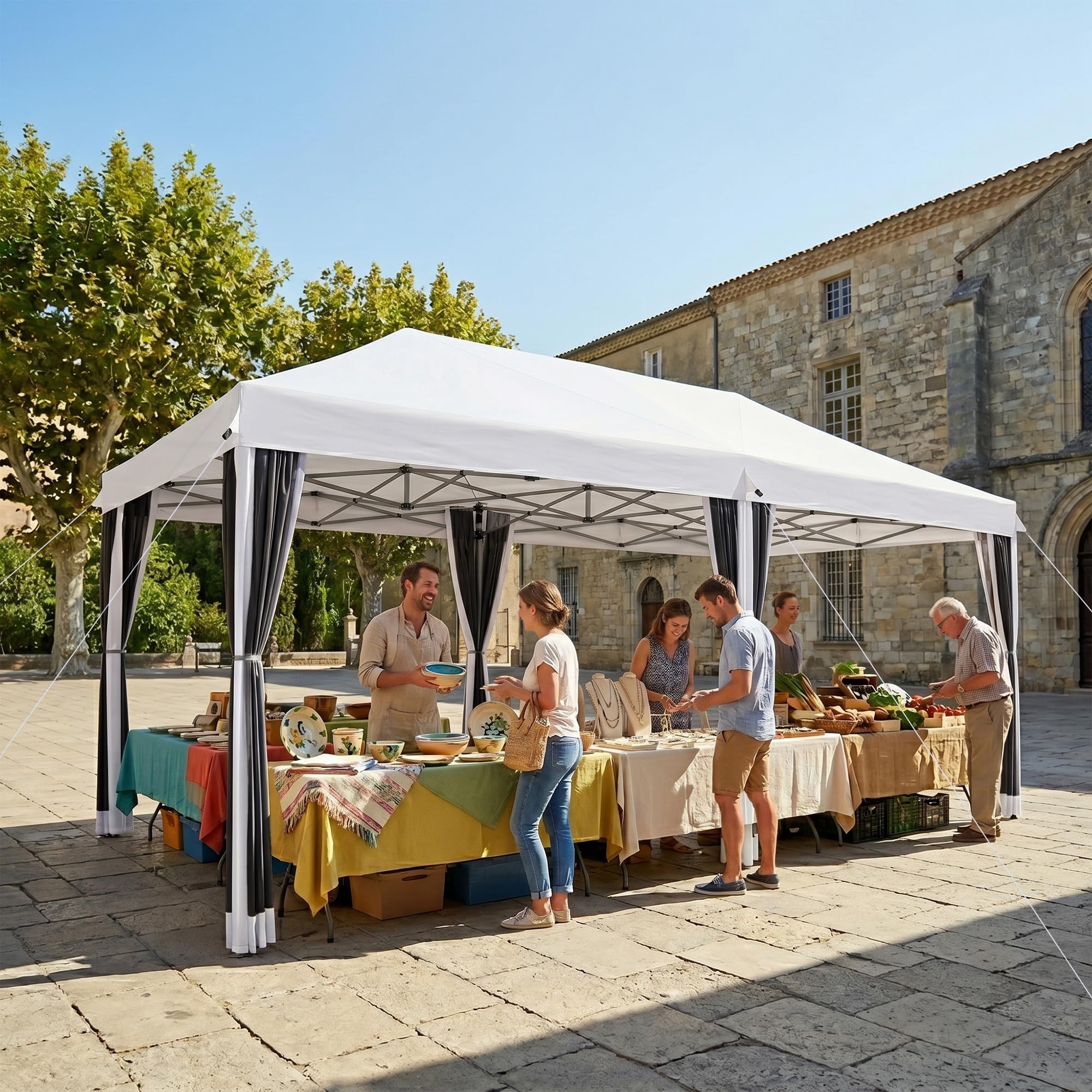Outsunny Gazebo Pieghevole 6x3 m Pop Up con Zanzariera Anti UV Crema | Borsa da Trasporto, Gazebo da Esterno Resistente, Acciaio, Tessuto Oxford, Giardino, Feste, Campeggio