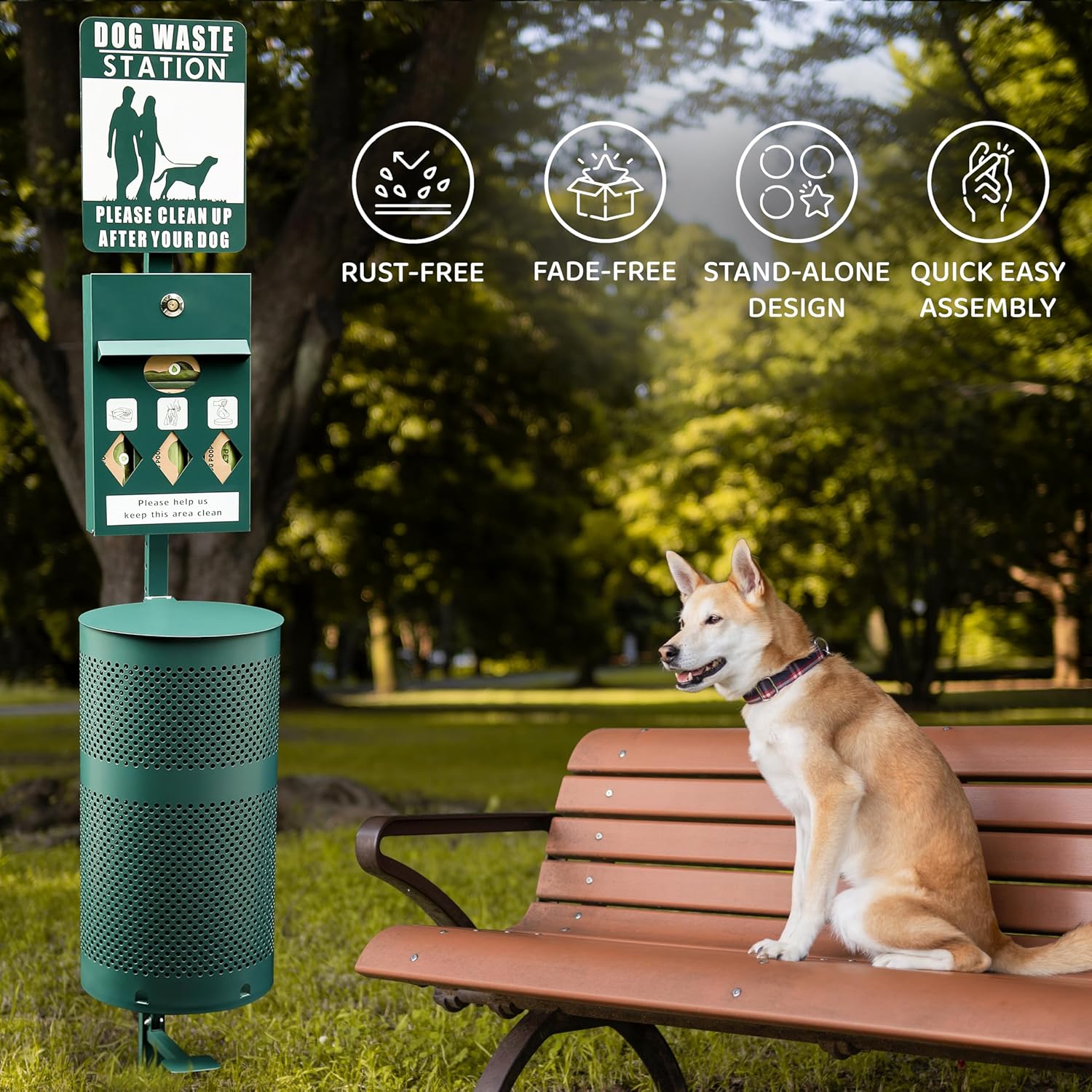 Hands-Free Dog Waste Station Outdoor with Pedal - Dog Waste Disposal System & Bag Dispenser for Park & Trails - Rust Proof Doggie Station - Night Glowing Sign | 800 Pet Waste Bags & 100 Can Liners