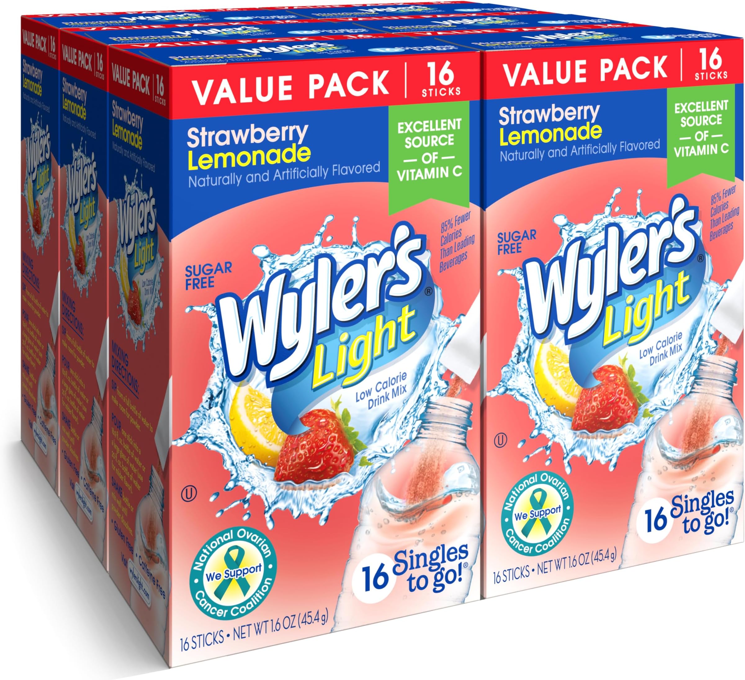 Singles To Go Powder Packets, Water Drink Mix, Strawberry Lemonade, 16 Count, 6 Boxes (96 Single Servings)