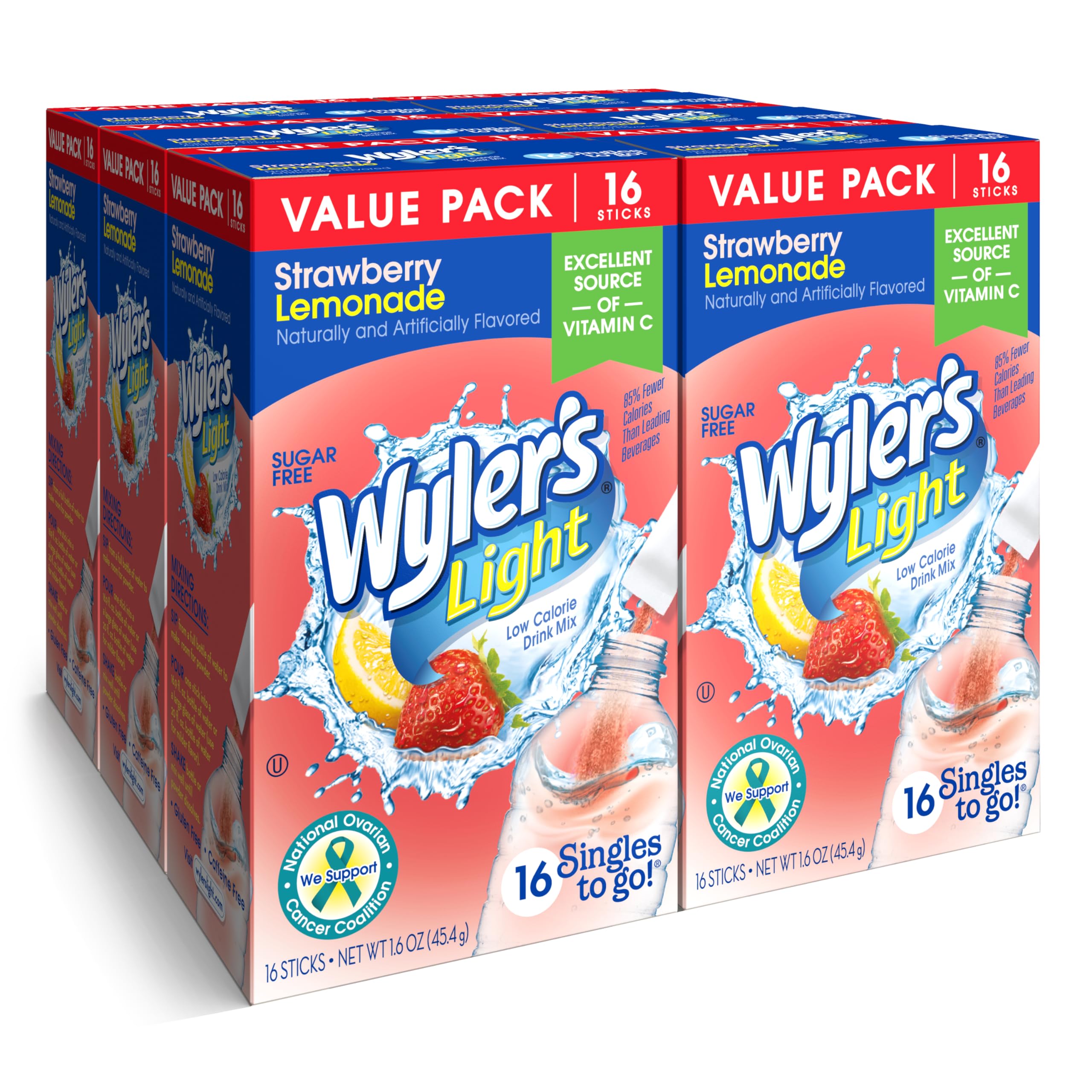 Wyler's LightSingles To Go Powder Packets, Water Drink Mix, Strawberry Lemonade, 16 Count, 6 Boxes (96 Single Servings)