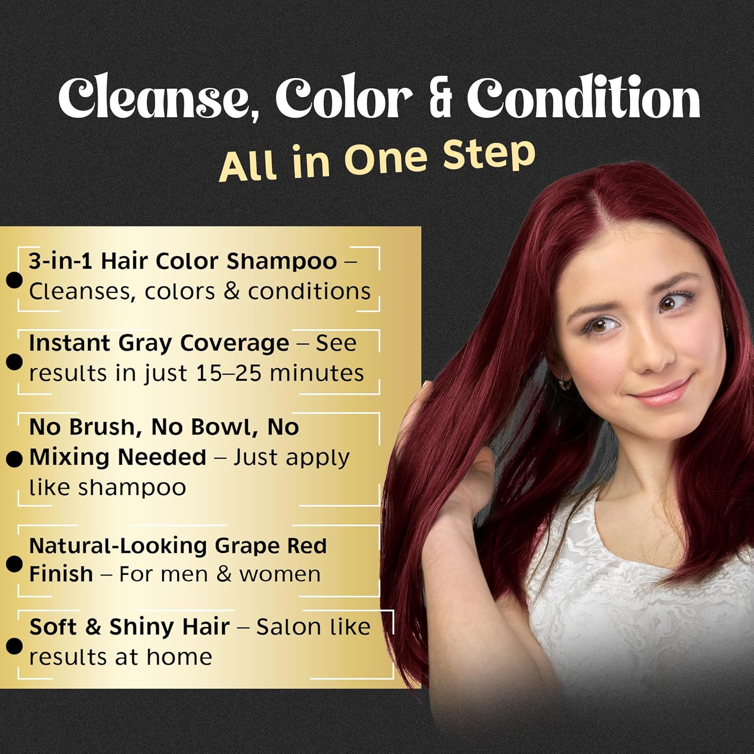 Herbishh Hair Color Shampoo (Grape Red) - Magic Hair Dye for Gray Hair - Ammonia-Free, 3-in-1 Shampoo Conditioner - Lasts 2-3 Weeks, 500 ml