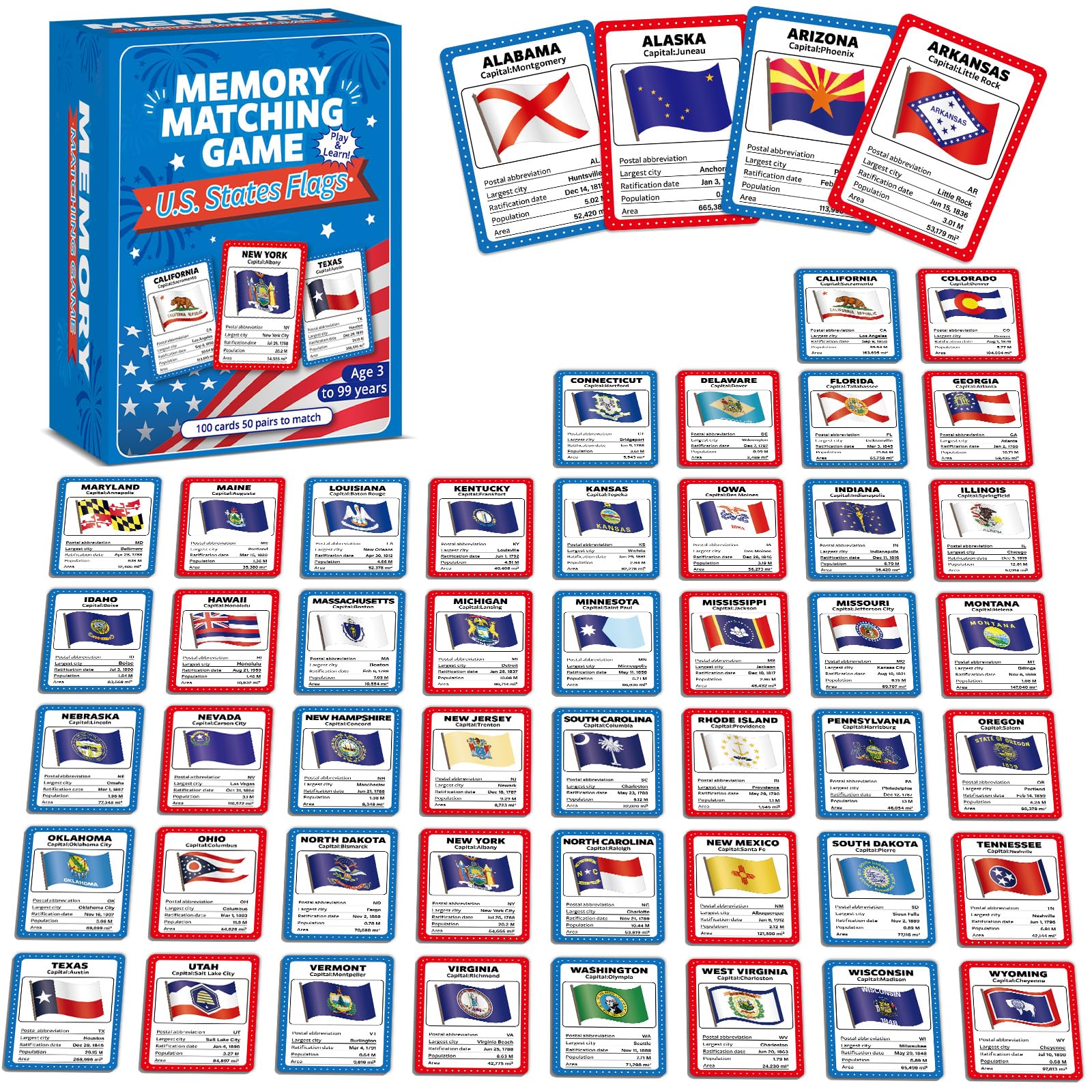 gisgfim 50 Pairs Memory Matching Game Flags of U.S. States Concentration Memory Card Educational Cards Games Geography Learn States Capitals Game Gift for Kid Adults Learning Activities Matching Games