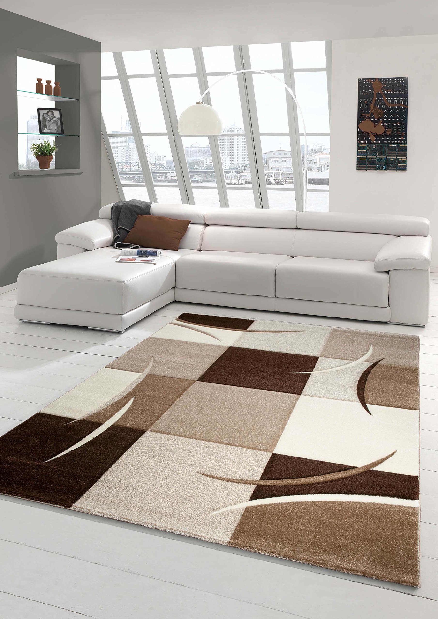 Traum Salon Designer Tapis Contemporain Tapis Tapis à Poils avec des Diamants Contour coupées Motif Brown Beige Mocca Größe 80x150 cm