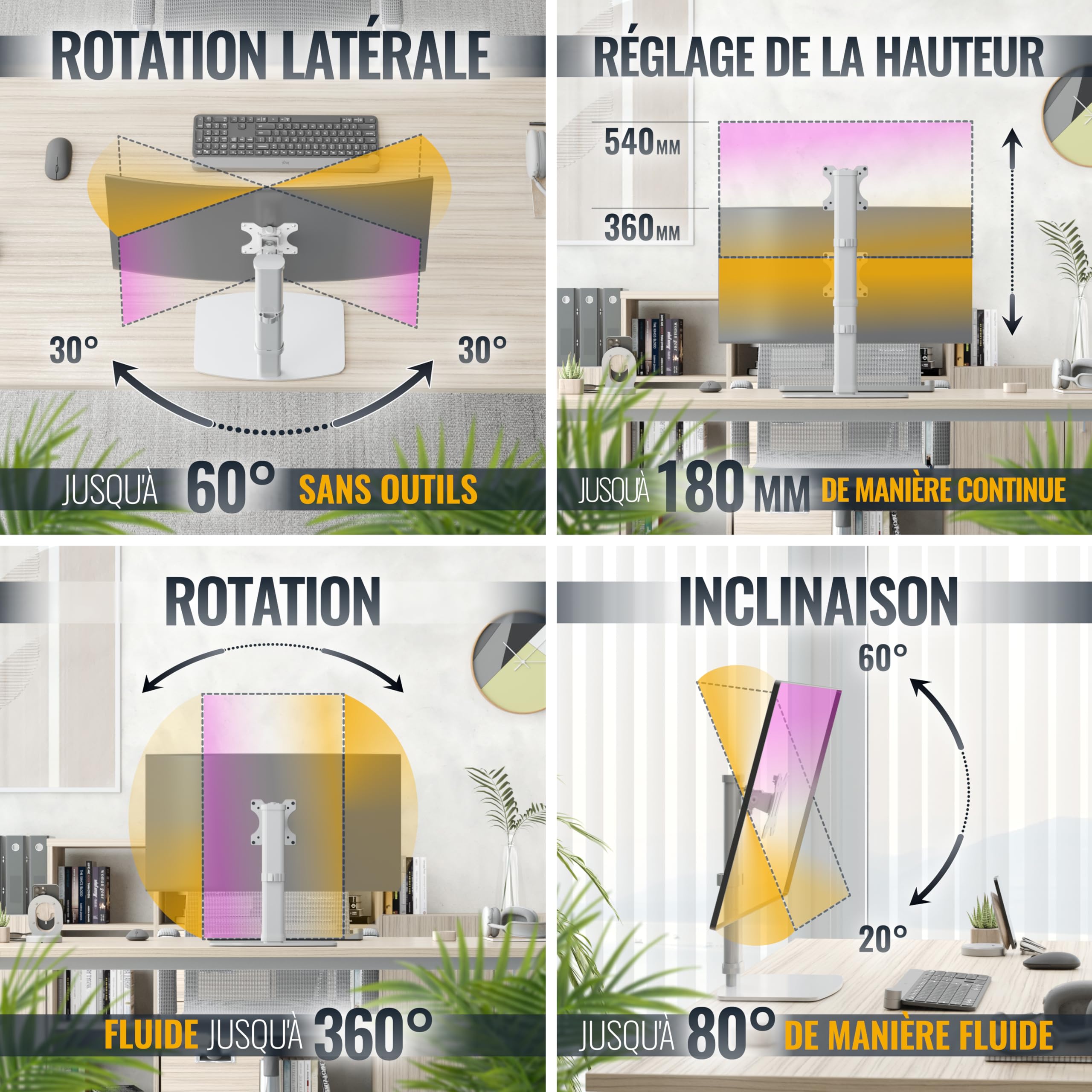 RICOO TS6811 Support Écran PC 13-27 Pouces Orientable Inclinable Rotatif Universel Hauteur réglable VESA 75x75 100x100