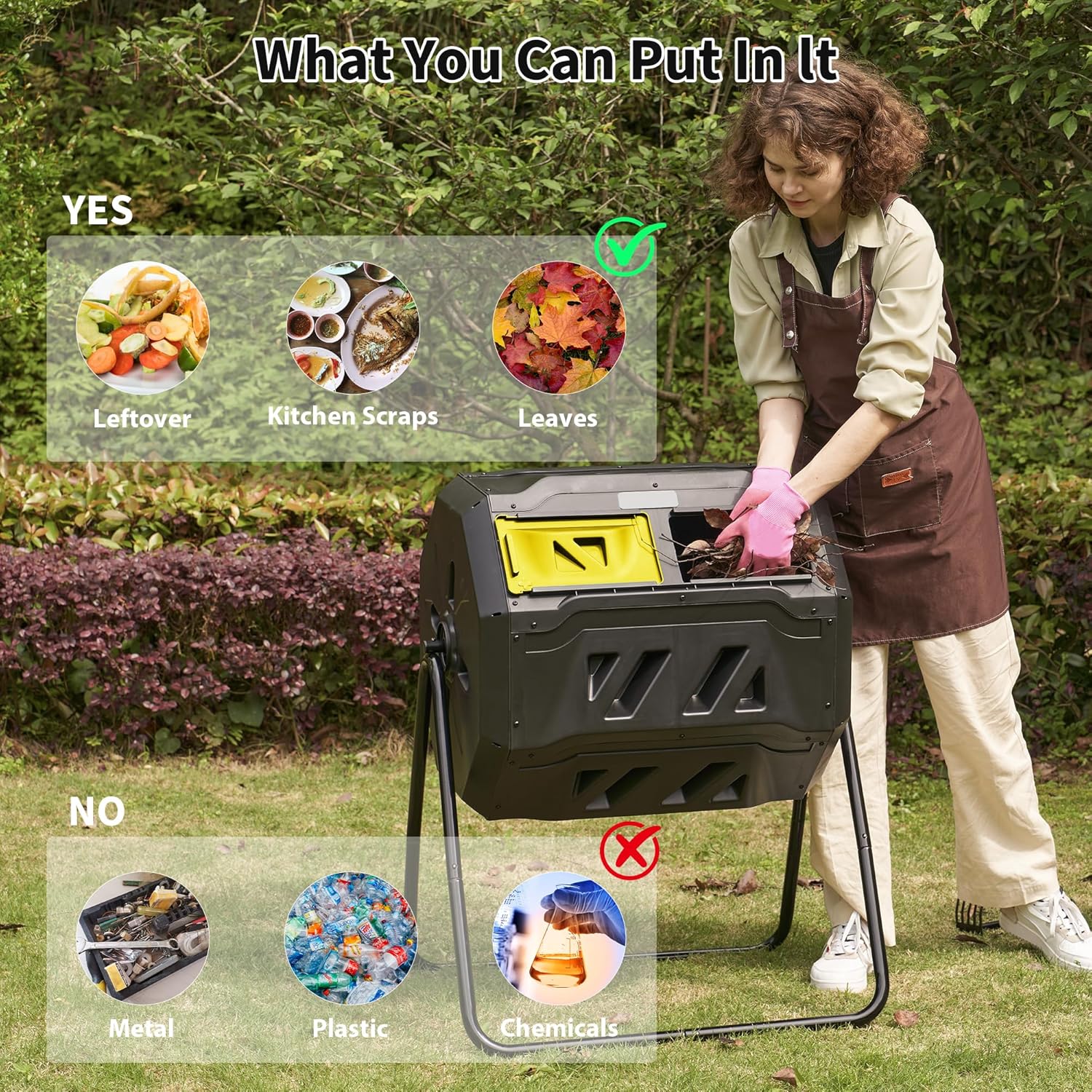 Compost Bin Outdoor, 43-Gal Dual Chamber with Steel Frame, Lagre Compost Tumbler with 2 Sliding Door and Aeration System, 360° Rotating, Tumbling Composter Bin for Kitchen, Garden, Yard, Black Yellow