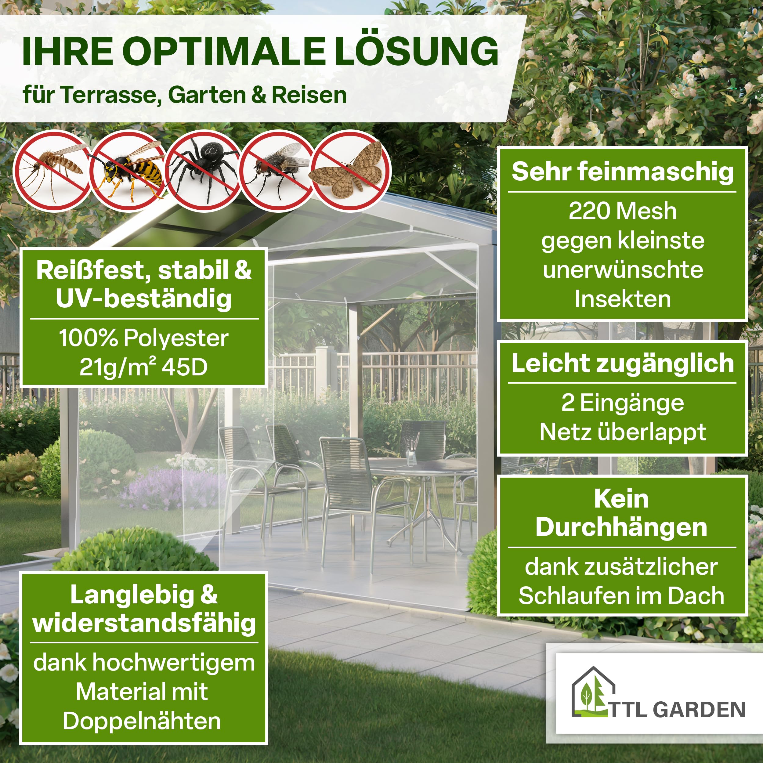 TTL GARDEN Zanzariera Deluxe XL 300x300x250cm bianco - a maglia fine 0,07mm - Zanzariera con 2 ingressi - resistente agli strappi UV-stabile & traspirante - Protezione dagli insetti e dalle zanzare