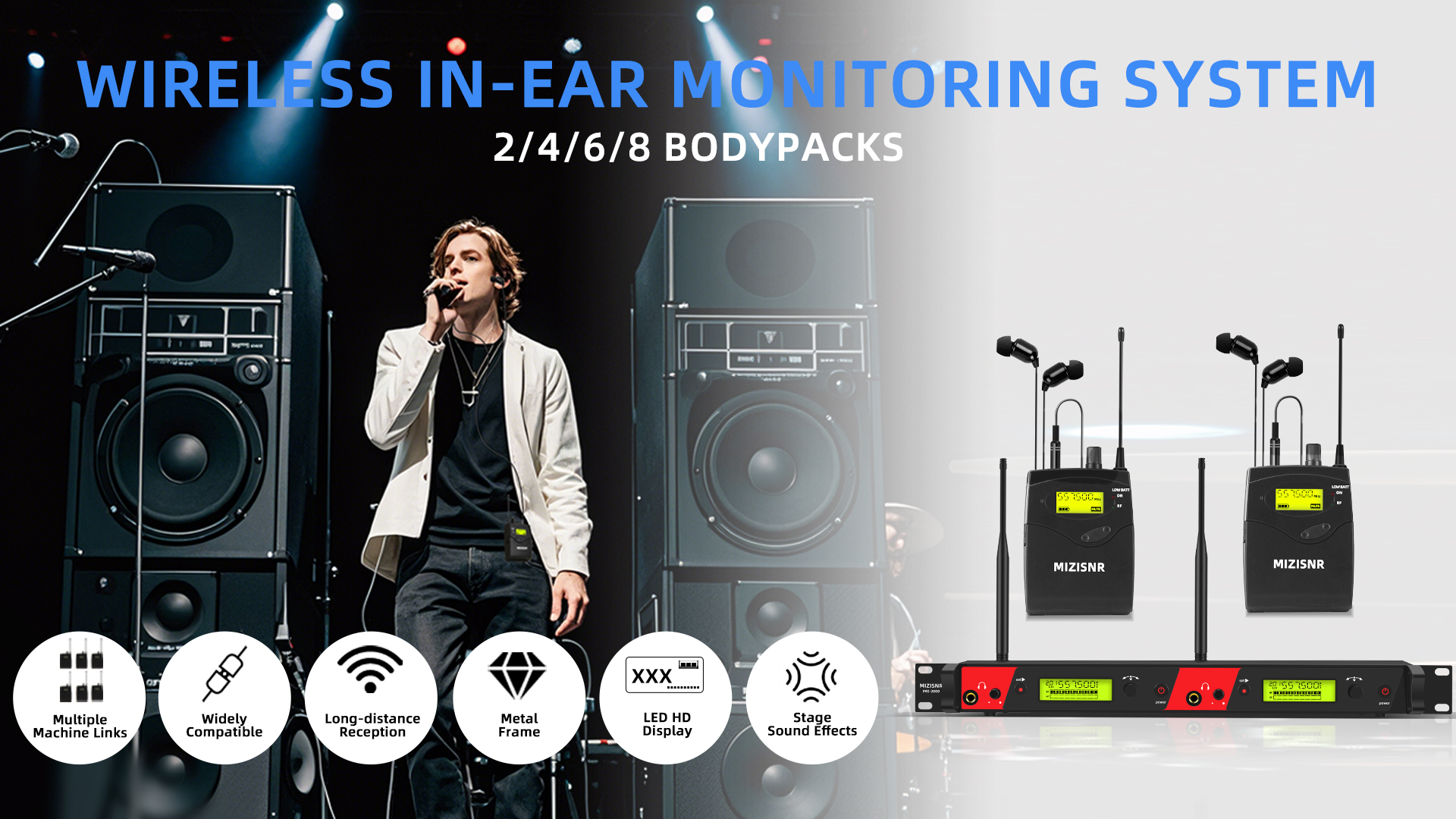 Draadloos In-Ear Monitorsysteem, Professioneel 1 Tows 2 Single Channel UHF-monitor Ear Return-systeem met Oortelefoon en 2 Bodypacks voor Podiumopnamestudio, 520-580MHz