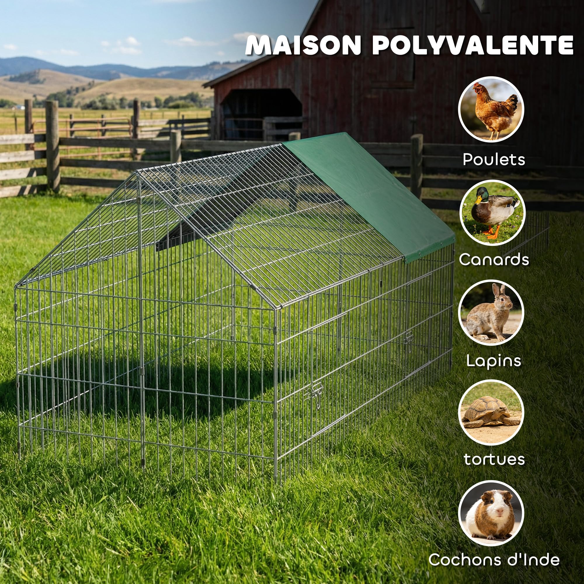 PawHut Parc Enclos Cage Lapin Extérieur, Structure Acier avec 2 Portes Verrouillables et Protection Pare-Soleil Toit Incliné, pour Lapins Poulets Canards Petits Animaux, 180x75x75 cm, Vert