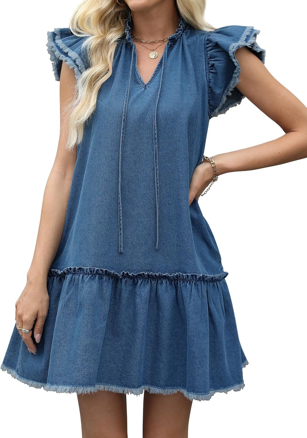 Denim Dress for Women Short Sleeve Jean Dress V Neck Drawstring Casual Mini Dresses with Pockets - Image 4