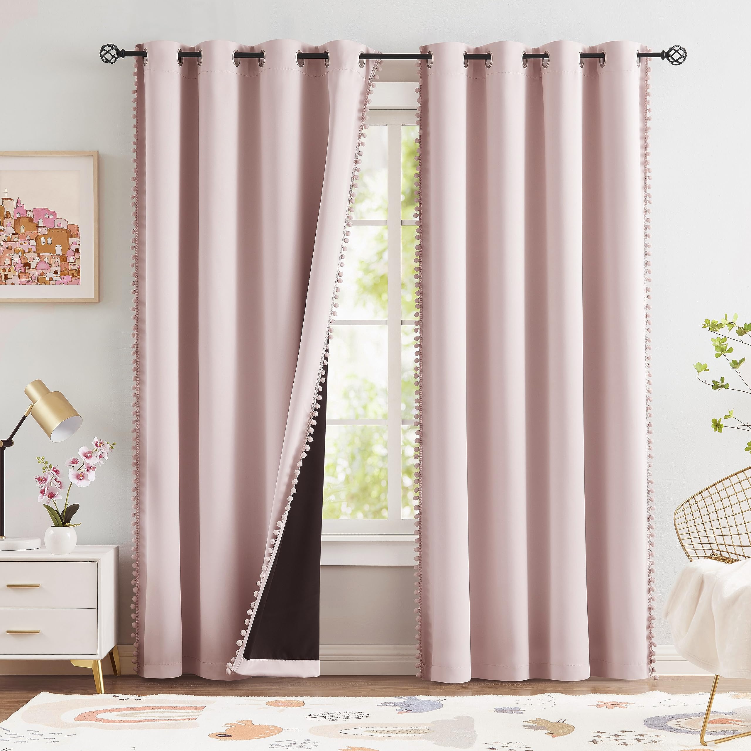Pom Pom at  カーテン Amazon.com: Pom Pom Blackout Curtains with Sheer Overlay for