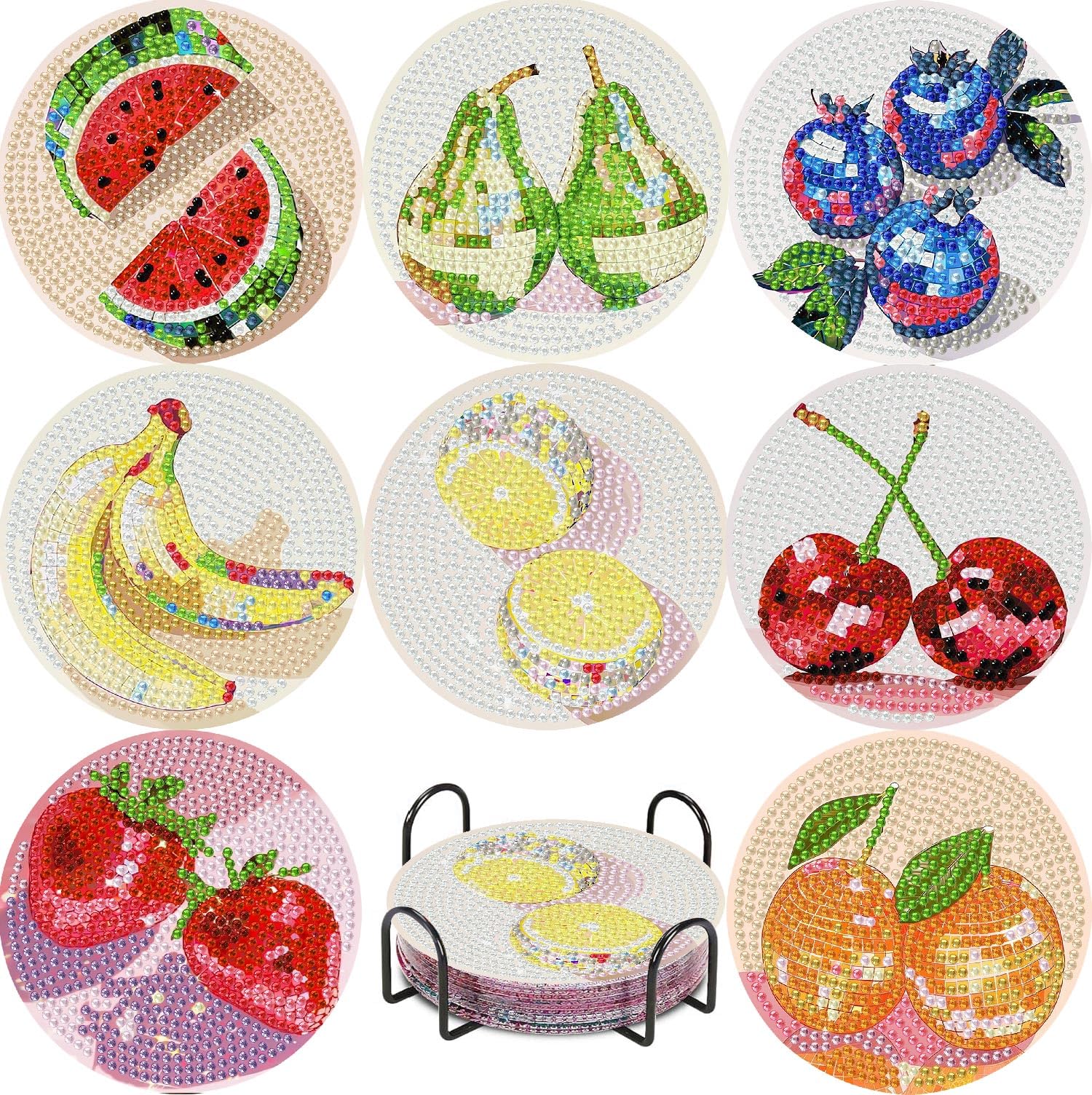 Jakener Coaster-Fruit 8 Pcs Disco Fruit Diamond Art Coasters Kits Adults With Holder, Diamond Painting Coasters For Adults Kids, Fun 5D Diy Full Round Drill Diamond Dot Crystal Gem Art Craft Supplies