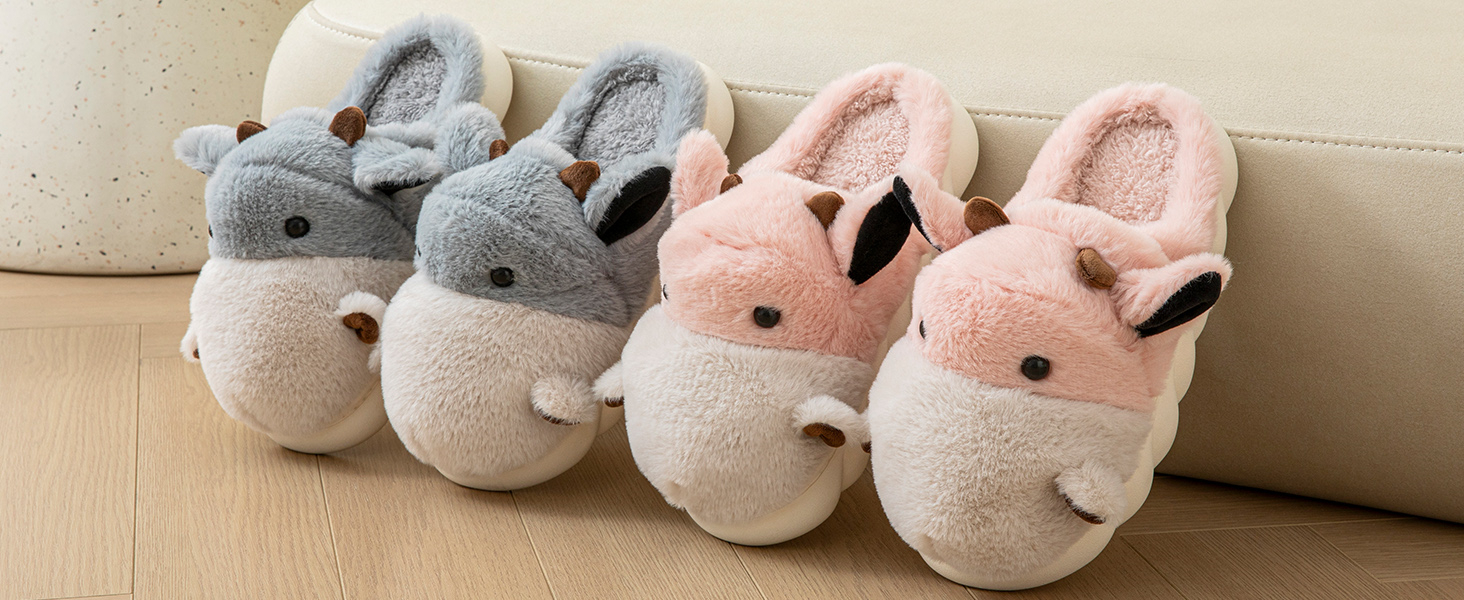 Sharllen Pantoufles Vache Fluffy Mignonnes – Chaussons Peluche Ultra-Doux Hiver Chauds Pour Femme & Homme – Design 3D Amusant Intérieur/Extérieur