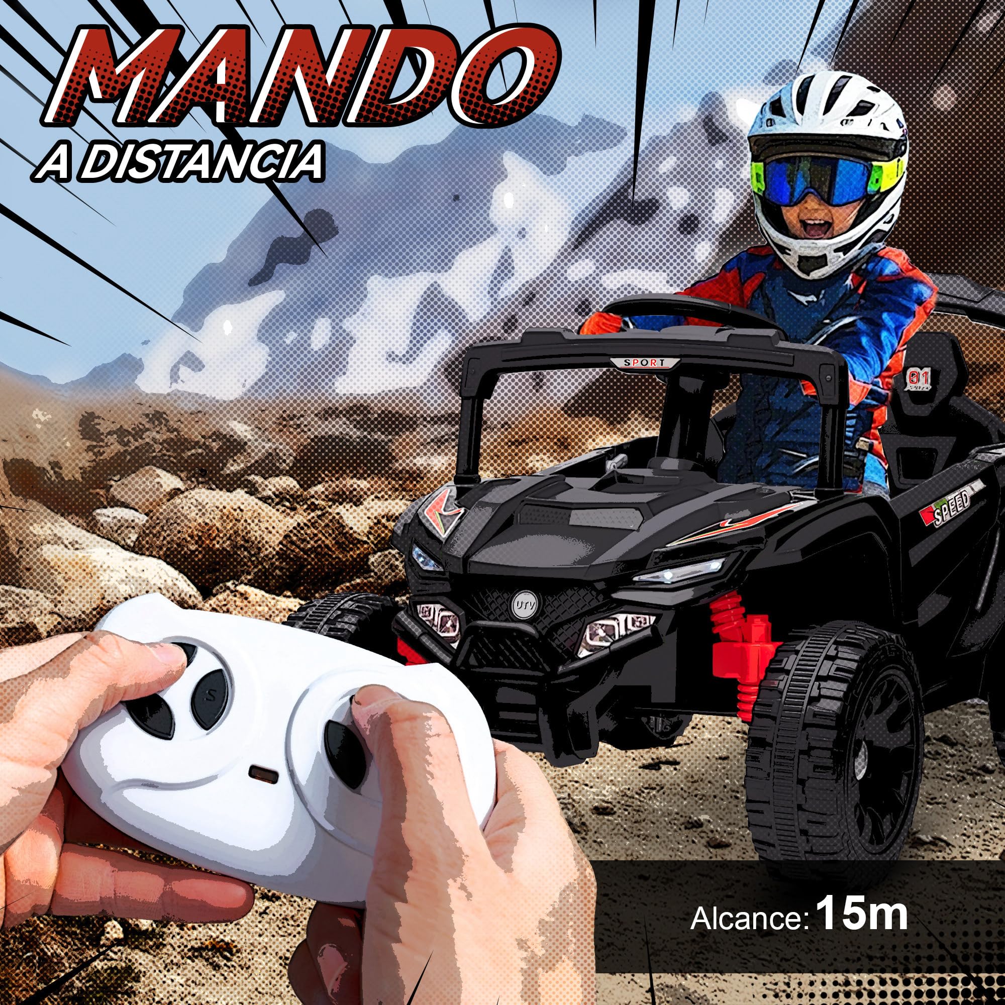 AIYAPLAY Coche Eléctrico para Niños 12V, UTV con 2 Motores, Control Remoto 2.4G, 3-5 km/h, Suspensión Trasera, Faros, Música, para Niños de 3-5 Años, Negro