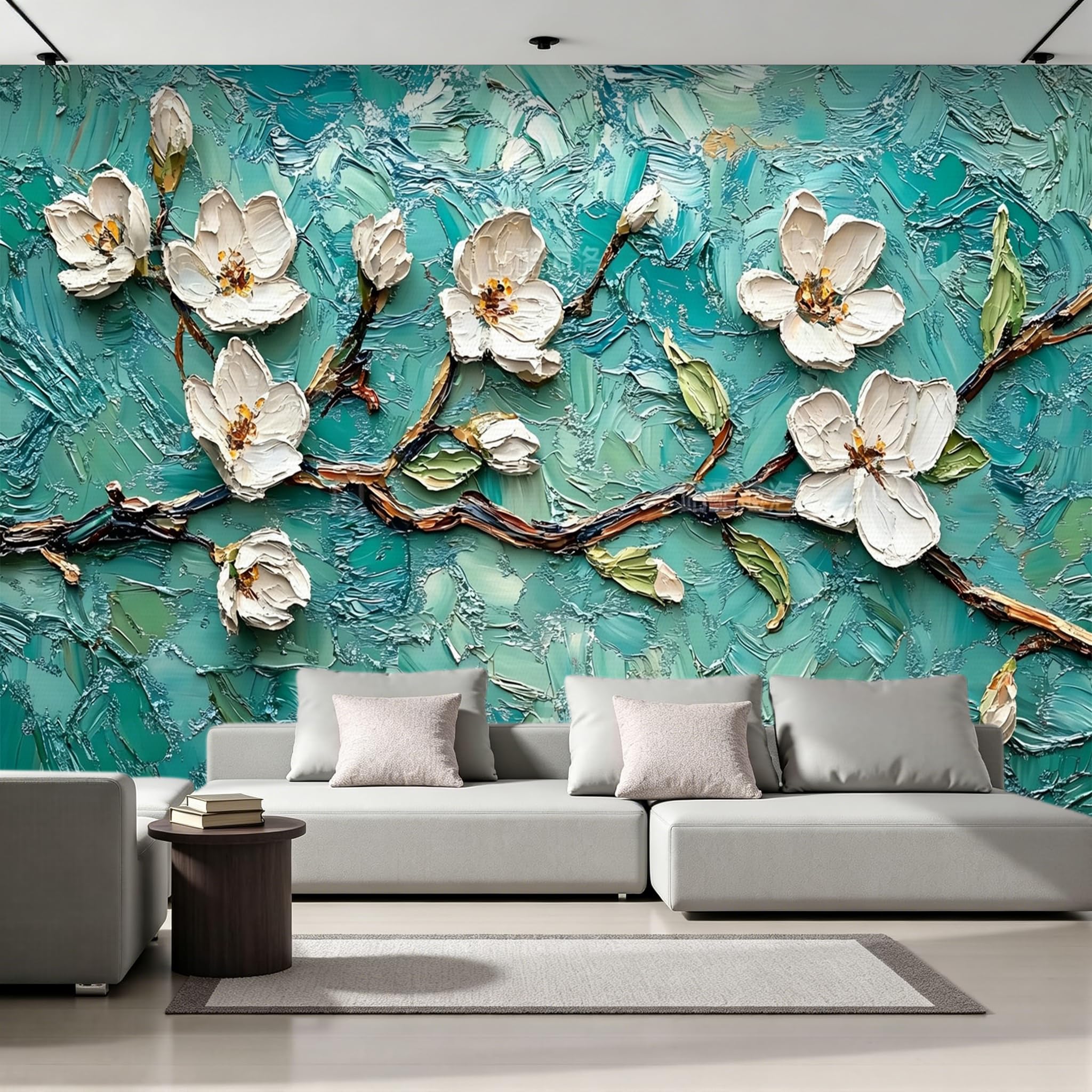 Papel Pintado 3D Blanco Floral Papel Tapiz Fotomural 350x256cm Azul Estilo Pintura Al óleo Papel Pintado Panorámico no Tejido Formato Grande Decoración Mural para Salón Dormitorio Oficina 2U879
