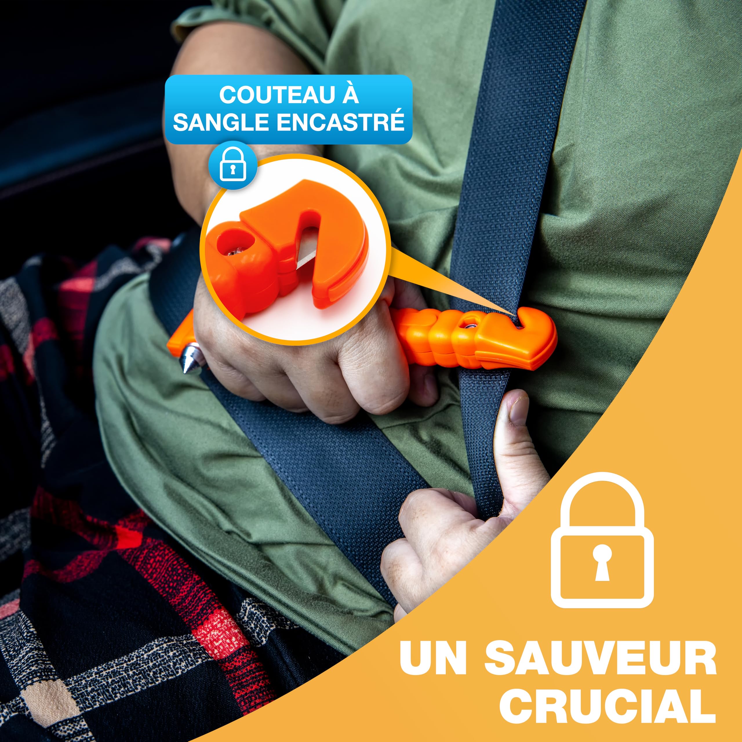 Extincteur pour voiture 1kg + Marteau d'urgence avec coupe-ceinture [CARTE D'URGENCE INCLUSE] - Contrôle qualité strict - Marteau de secours, Extincteur pour voiture, véhicule, petit