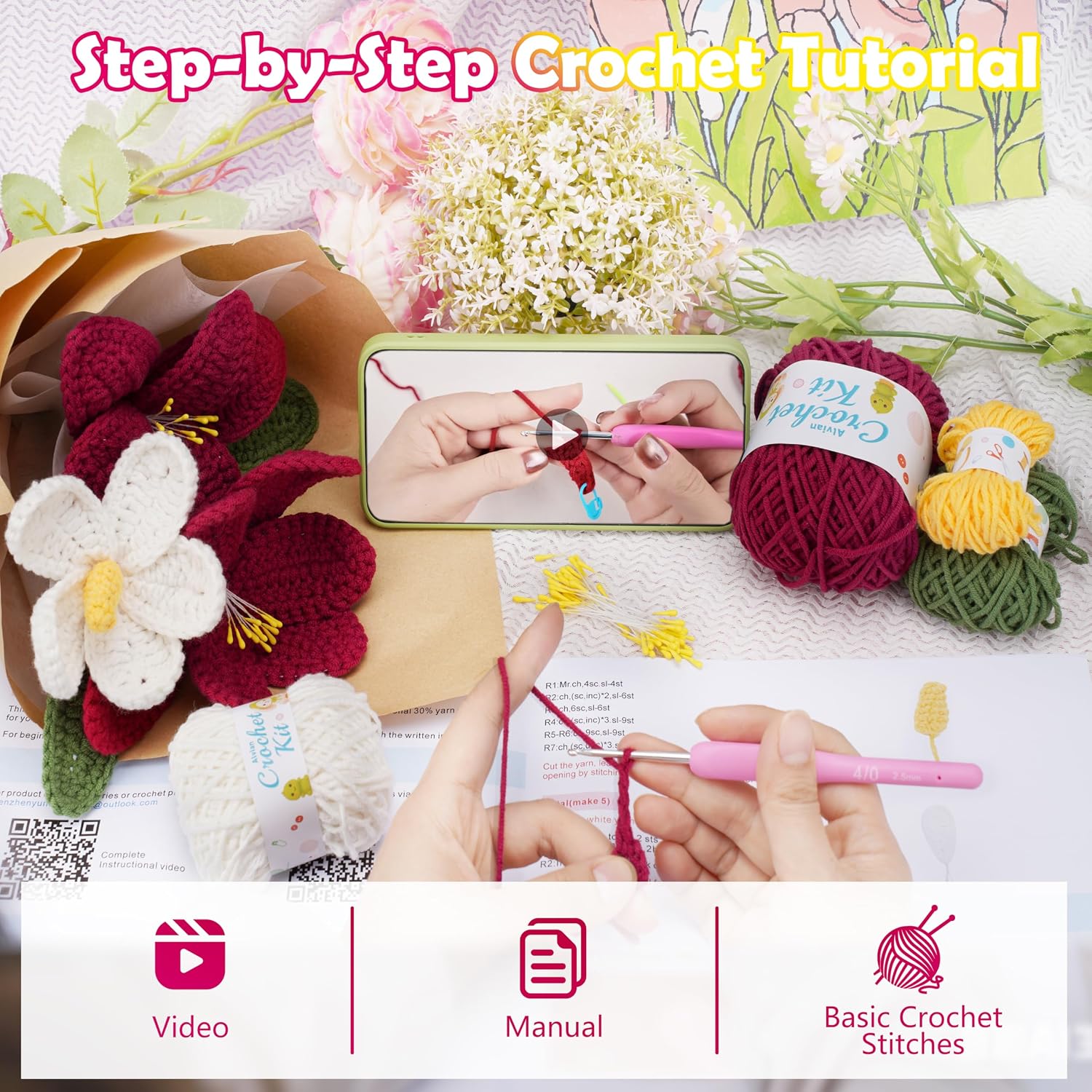 Alvian Tulip Crochet Kit for Beginners | DIY Flower Bouquet Making with Yarn, Hook & Video Tutorial | Adult Craft Gift for Birthday, Valentine’s, Anniversary