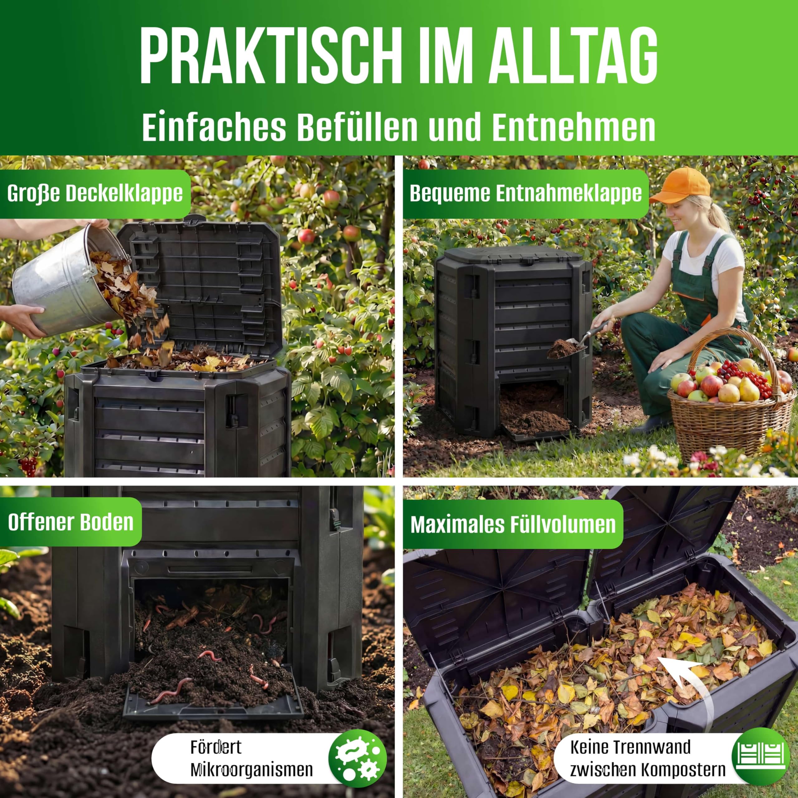 DEUBA® Komposter 800L 135x72x83cm witterungsbeständig Deckel klappbar Gartenkomposter Thermokomposter Schnellkomposter