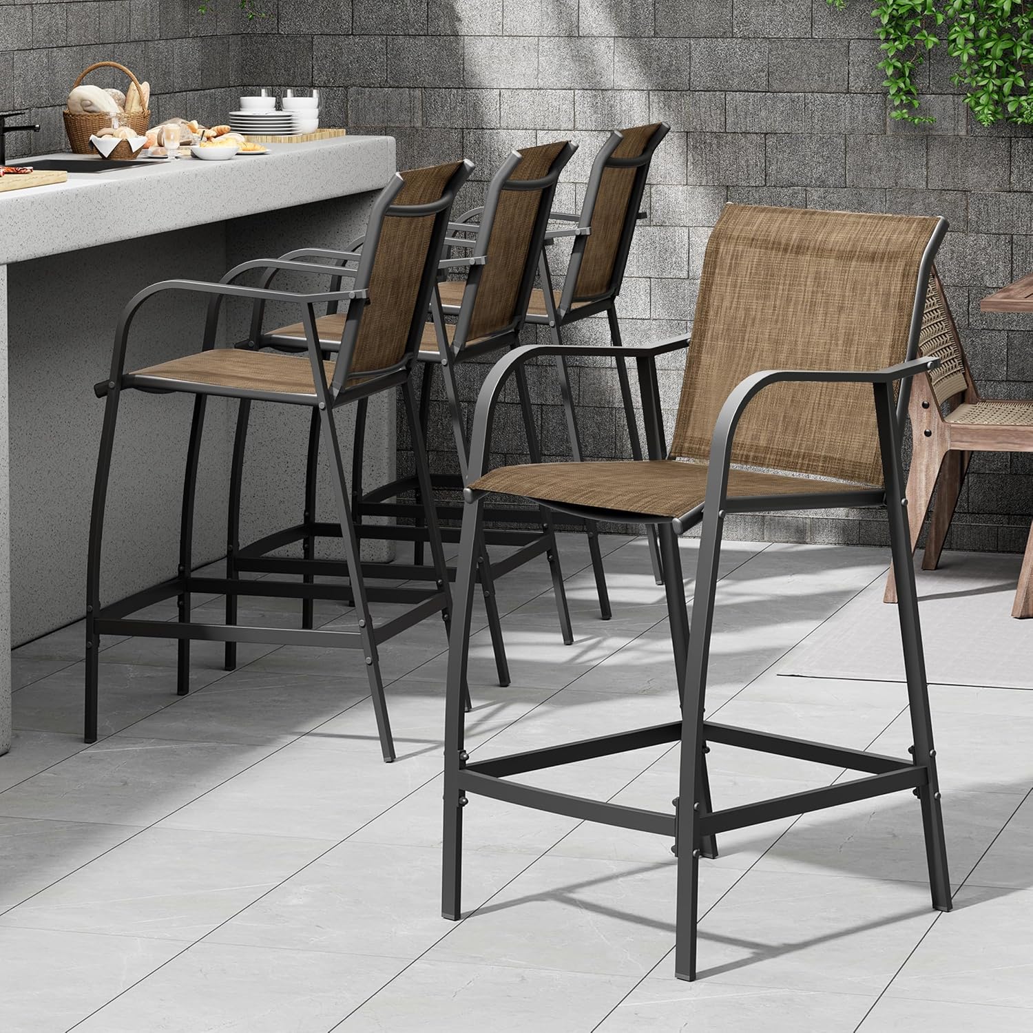 Pellebant 28.7" Outdoor Bar Stools Set of 4, Textilene Patio Bar Chairs with Armrests & Footrest, All-Weather Metal Frame Bar Stools for Deck, Poolside, Backyard, Brown