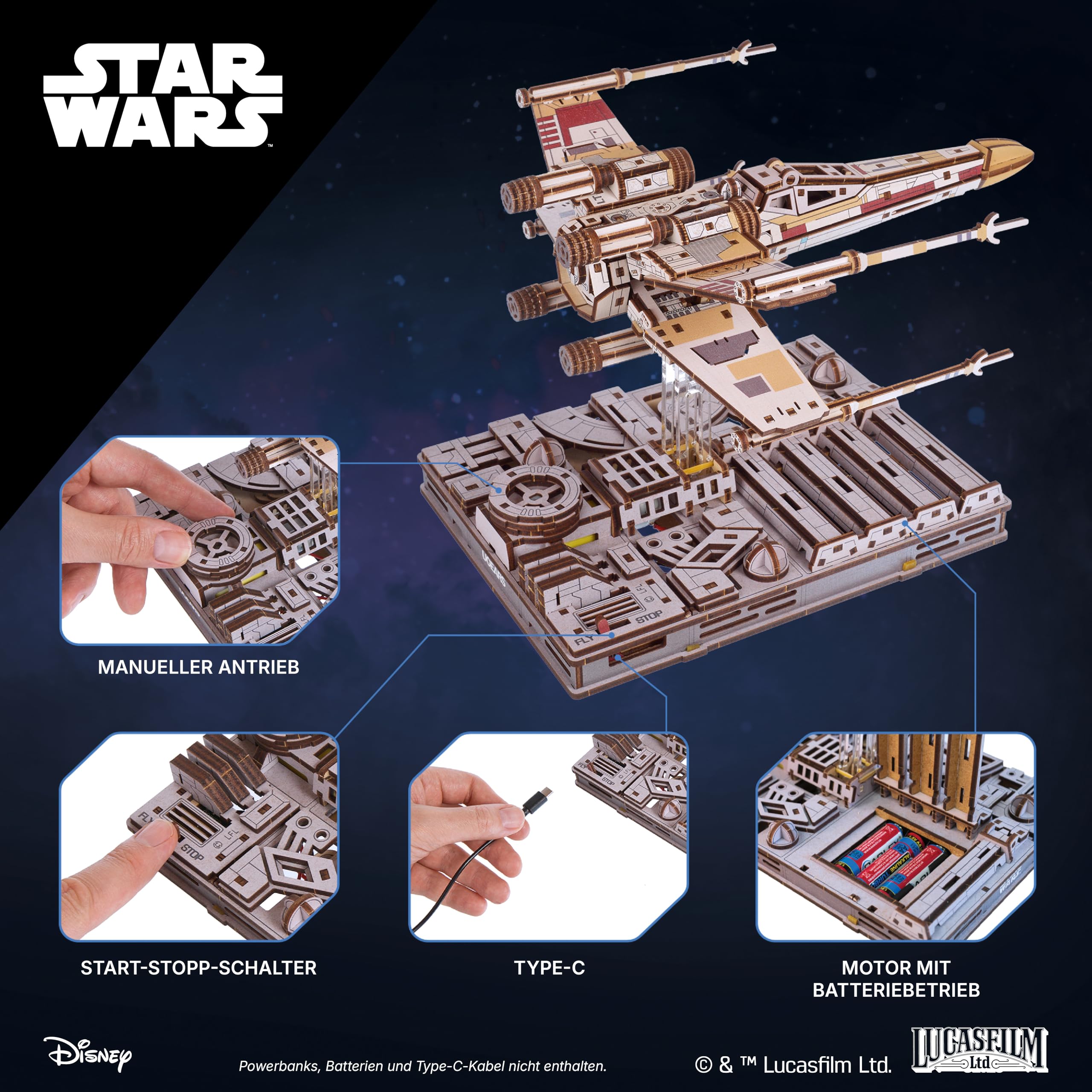 UGEARS Star Wars ™ X-Wing Starfighter von Luke Skywalker ™ – 3D Puzzle Holz Modellbausatz Erwachsene, Holzpuzzle Erwachsene 3D, Holz Modellbau Baukasten, Star Wars Geschenk 3D Puzzle Weihnachten