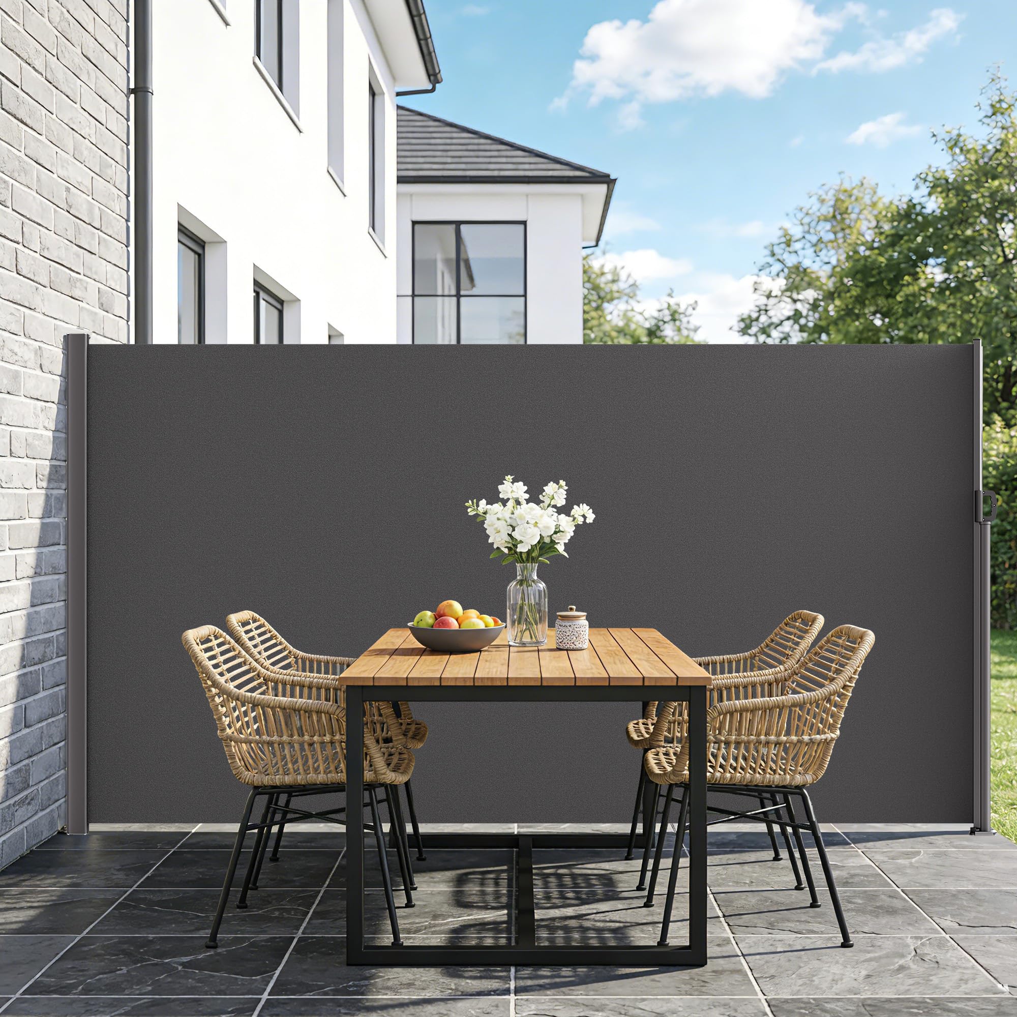 BelleMax Seitenmarkise ausziehbar & Blickdicht, 20 cm länger, Seitenmarkis Anthrazit 180 x 370 cm, Garten-Sichtschutz & Windschutz mit Aufrollautomatik für Balkon & Terrasse