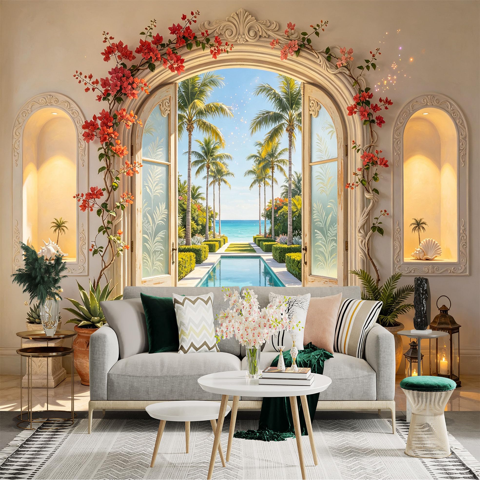 Custom Size Wall Sticker Mural， Tropical Ocean View with Palm Trees， Pool and Floral Archway， for wall Decoration， peelandstick wall Decals.