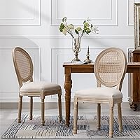 Vista 12 de French Style Solid Wood Frame Linen Fabric Rattan Back Dining Chairs, Table & Chair Sets, Set of 2 for Dining Room, Kitchen, Living Room, Bedroom