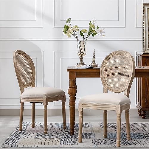 HomSof French Country Silla de comedor de madera con respaldo de ratán para cocina, juego de 2, color beige