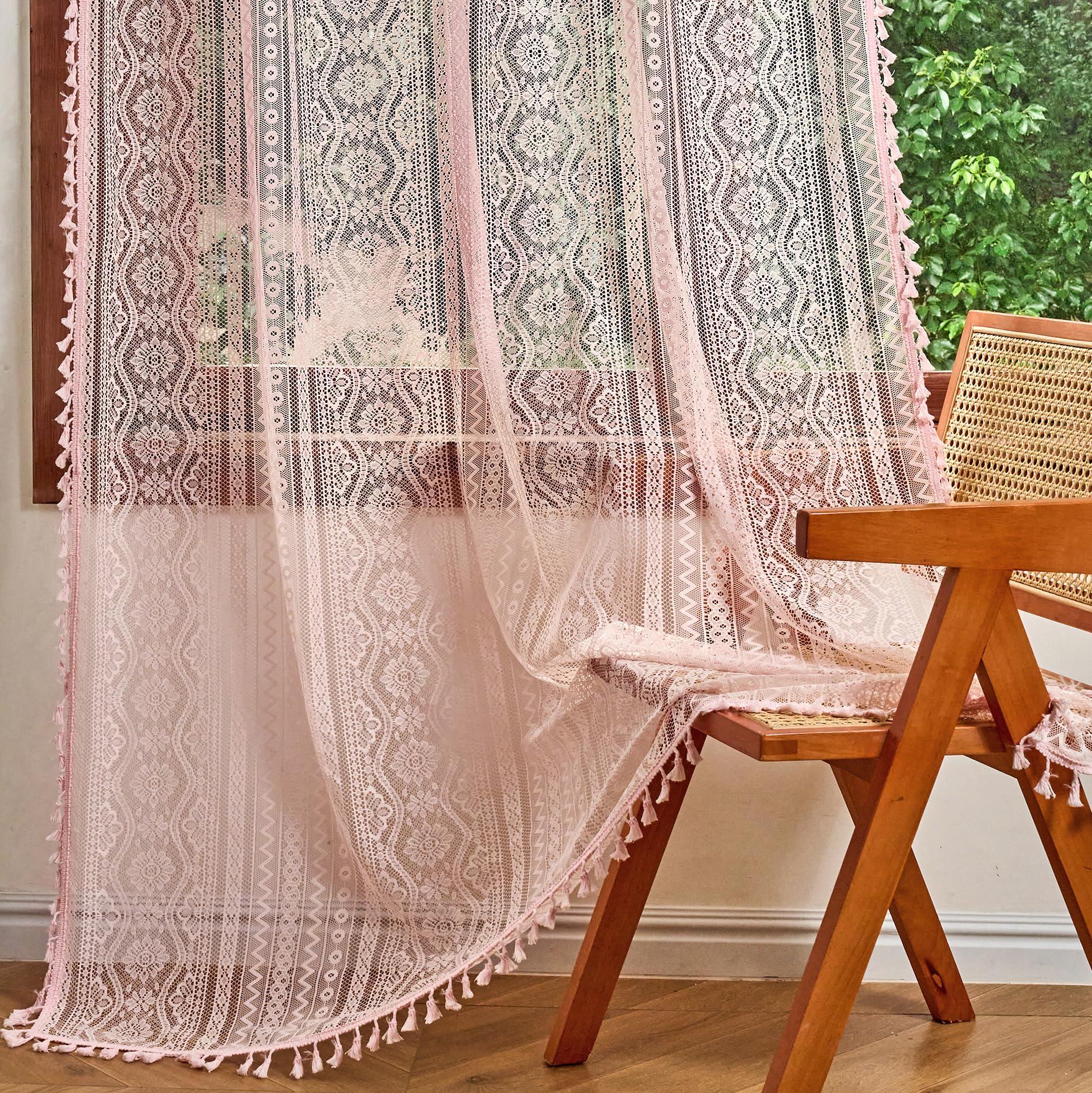 MYSKY HOME Pink Sheer Lace Curtains 2 Panels 90 inch Length for Girls Room Nursery Boho Vintage Floral Crochet Pattern Privacy Rod Pocket Tassels Small Windows Curtains, Wide 55 inch, 2 PCs