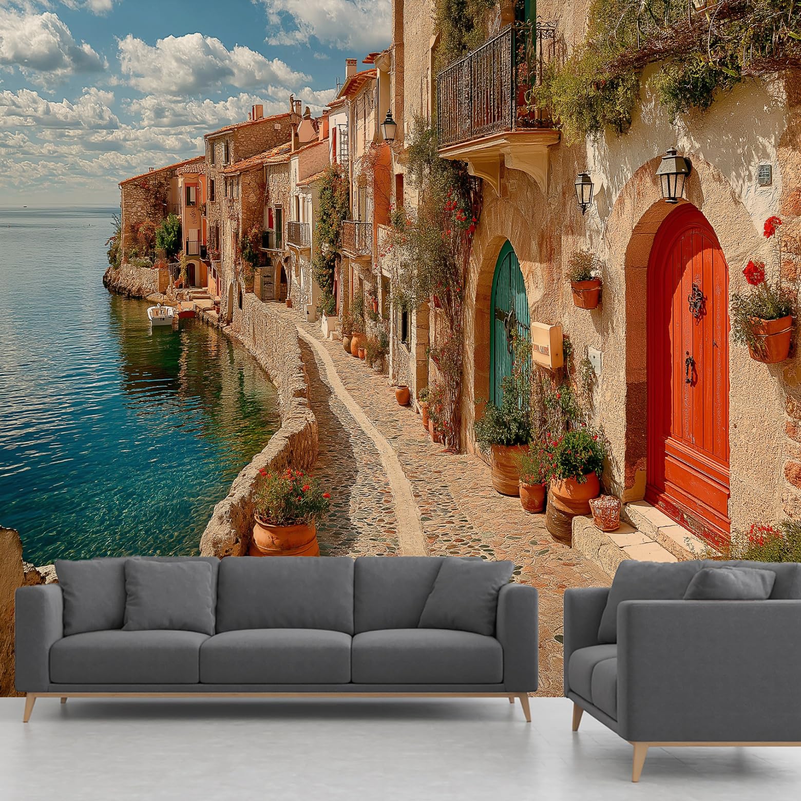 Italian Town Wallpaper, Tuscany Stone House Mediterranean Seascape Panoramic Mural, Wall Paper for Bedroom Living Room Hallway Restaurant Home Decoration – 350x256 cm Wall Mural
