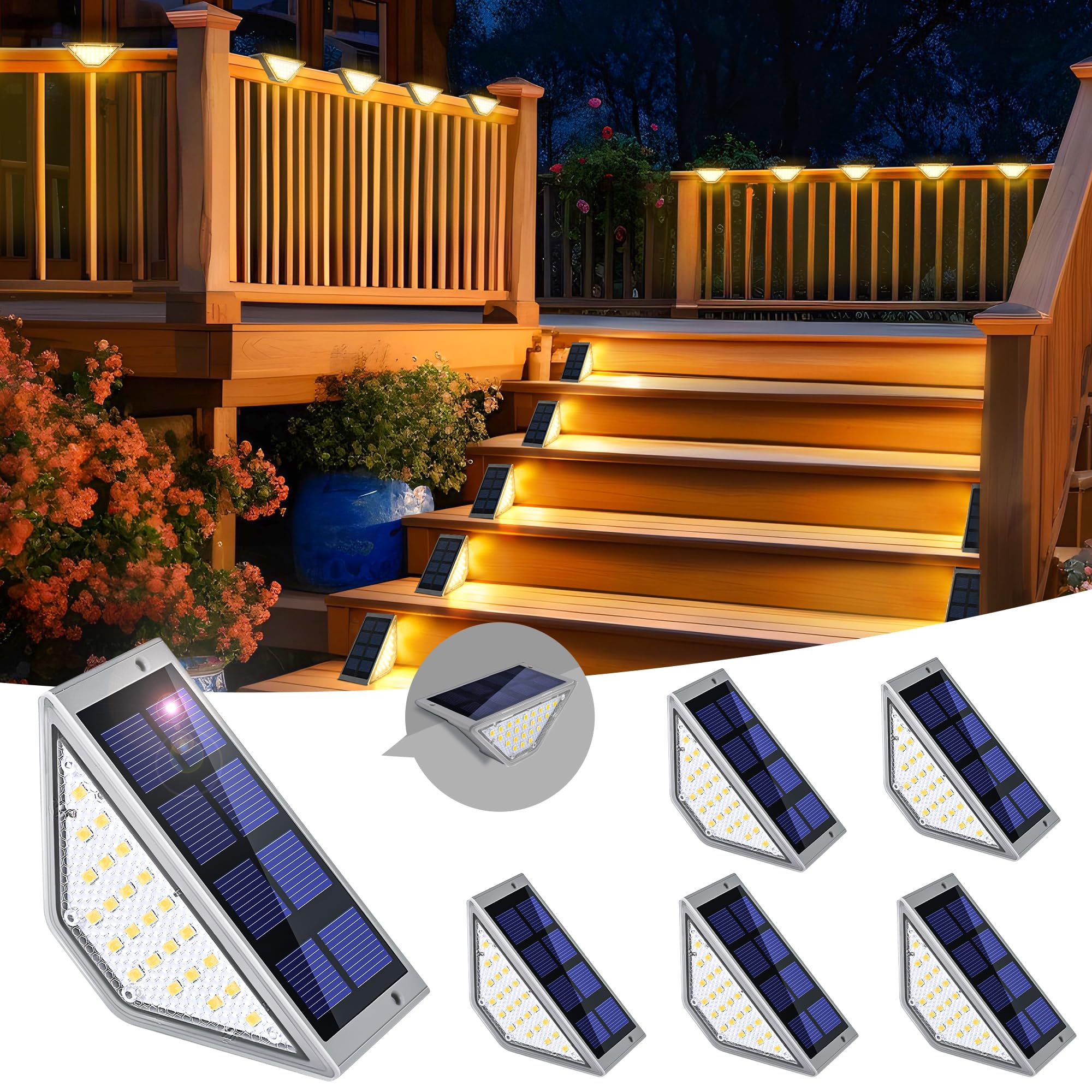 SolpexSolar Step Lights 6 Pack,Solar Powered Deck Lights of Waterproof for Stair Deck Porch Patio Fence Garden Yard (Warm White,Grey)