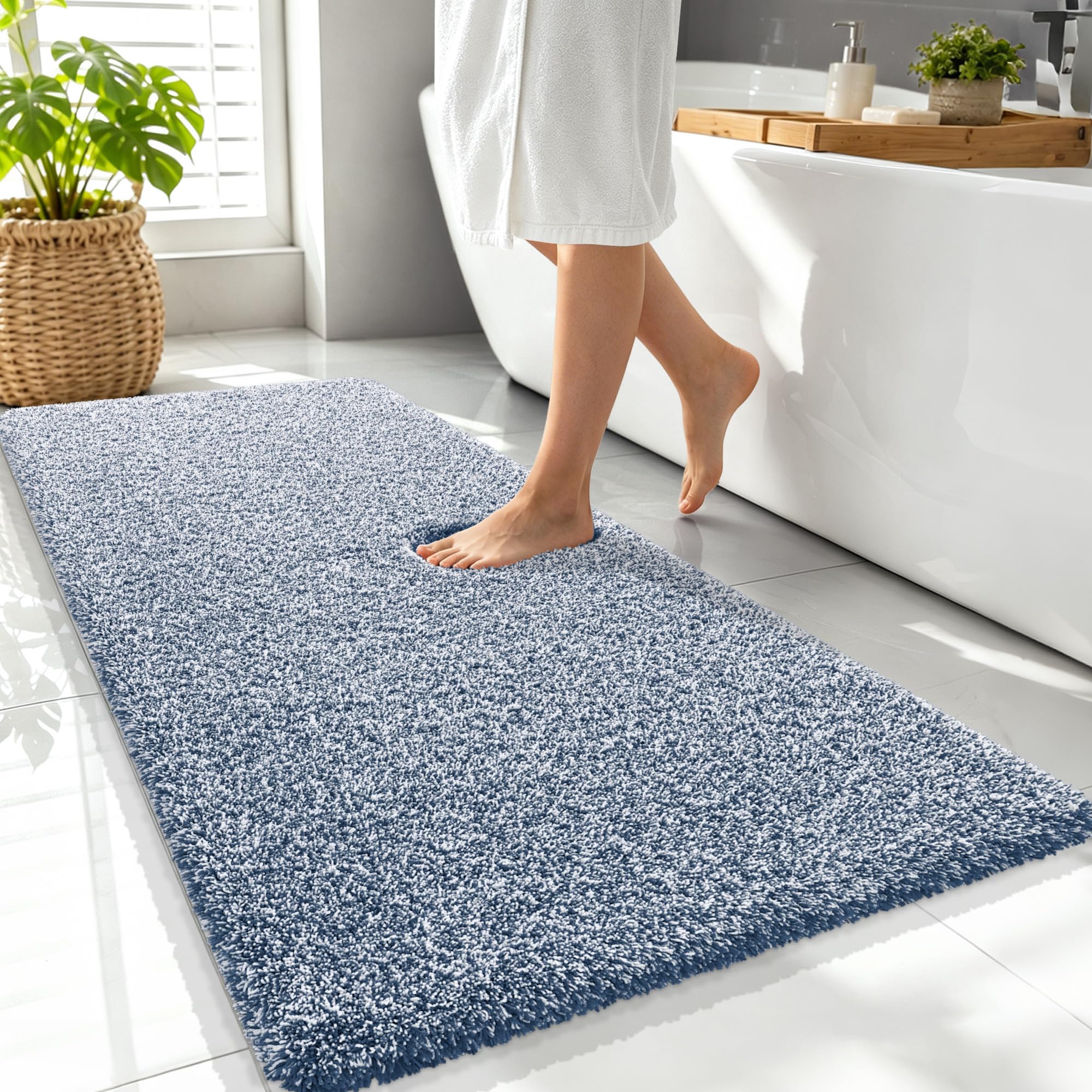 OLANLY Microfiber Bathroom Rugs 47x24, Quick Dry Bath Mat, Navy and White