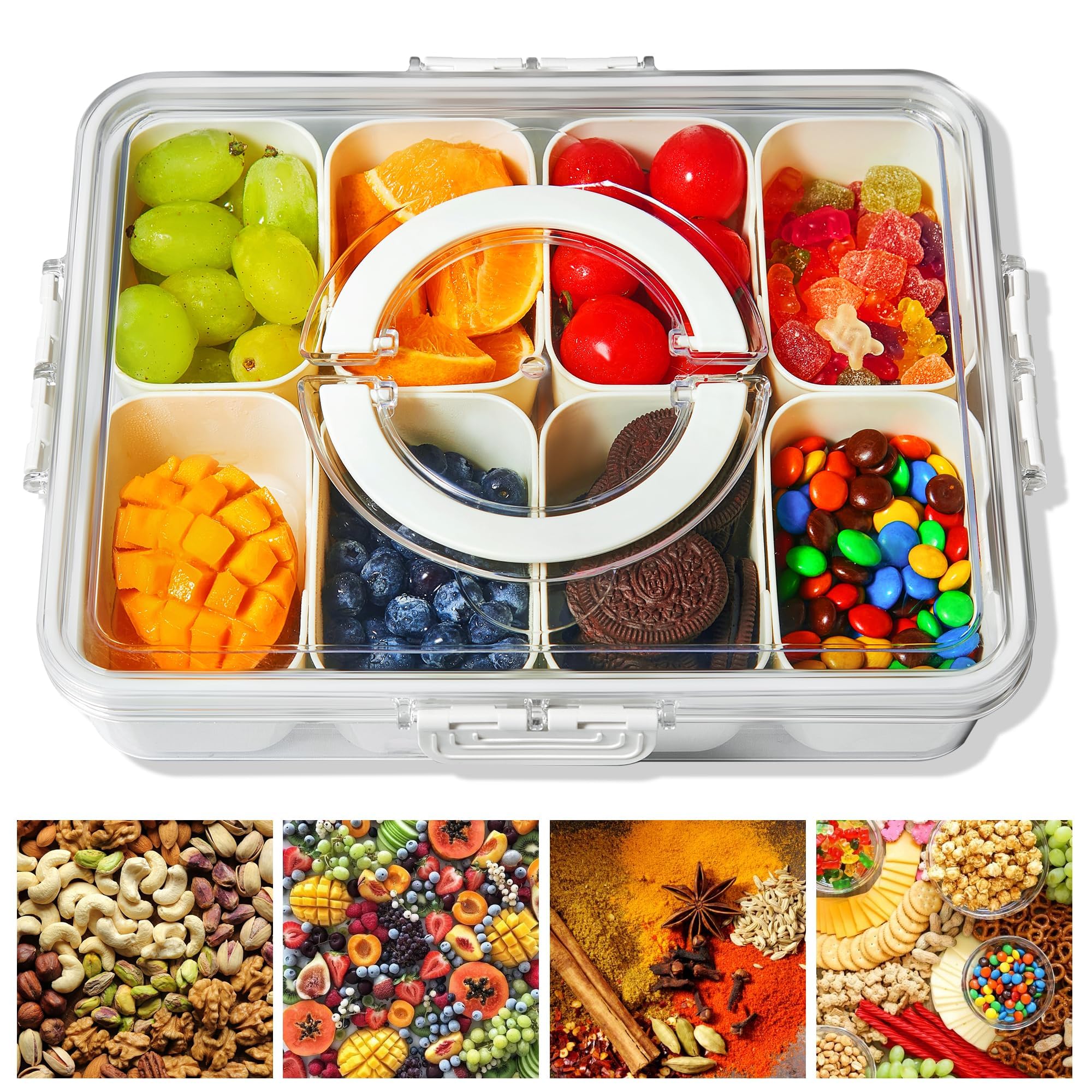 CENXI Food Containers, Snackle Box Container Divided Serving Platters with Lid and Handle Divided Snackle Box, for Portable Snack Box Container Tray Perfect, for Candy Fruit and Treats