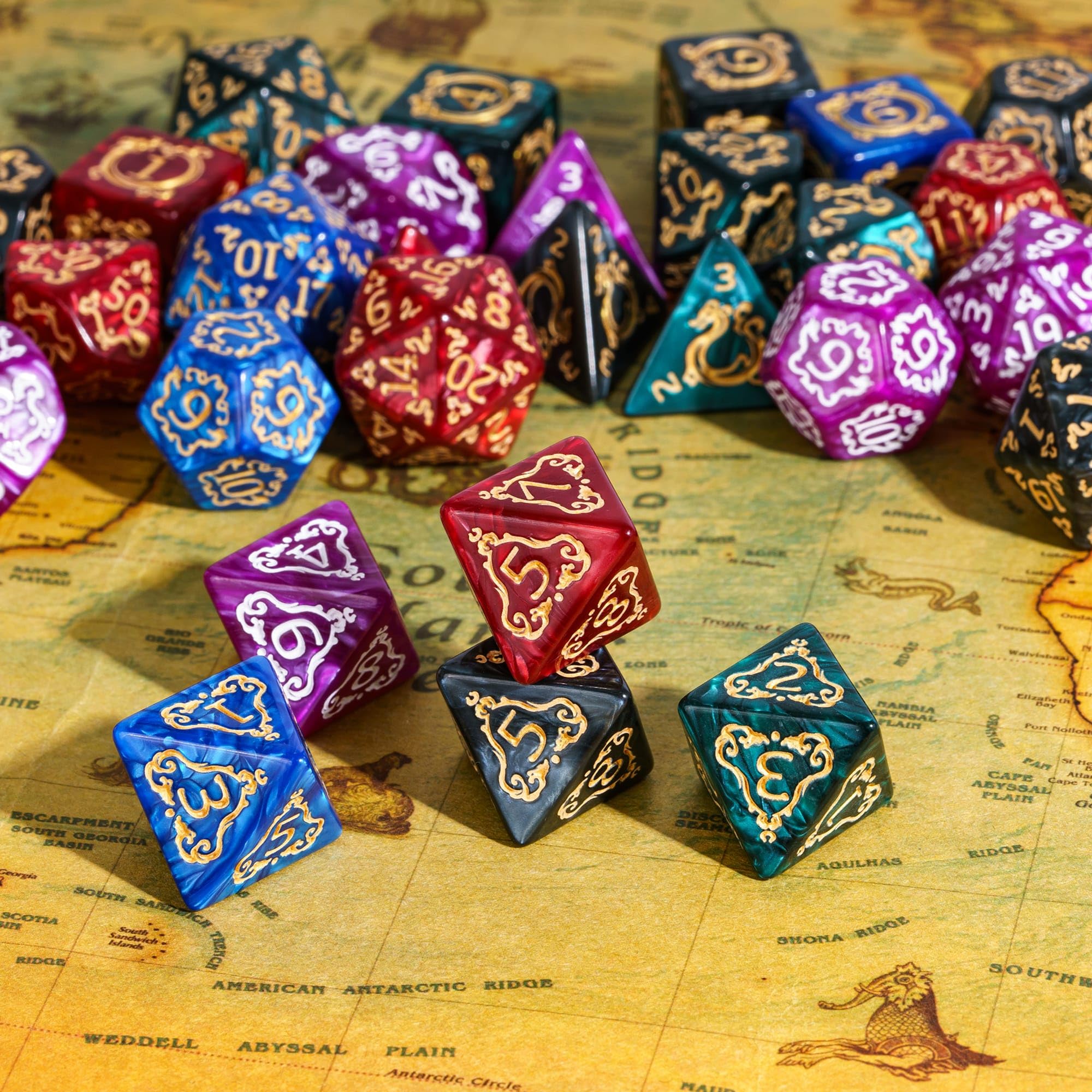 Set di 5 set di dadi poliedrici con motivo drago, 35 pezzi, con borsa in pelle, set di dadi per giochi di ruolo da tavolo