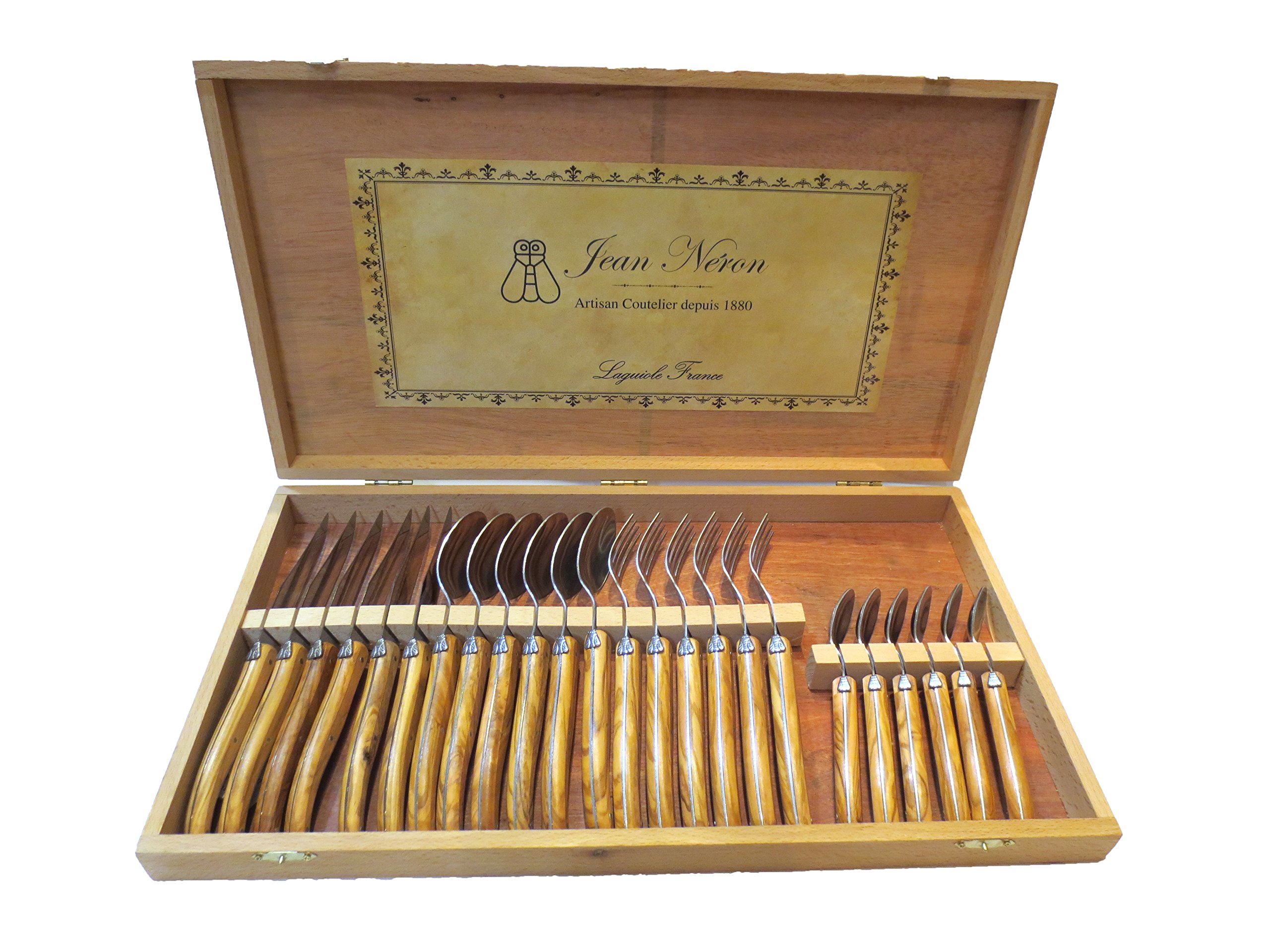Laguiole France, Jean NeronSet of 24 Flatware with Olive Wood Handles, 6 Forks, 6 Knives, 6 Teaspoons and 6 Tablespoons. In Wooden Gift Box