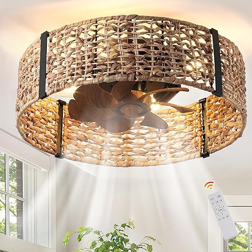Ganeed - Ventilador de techo estilo Boho de 20 pulgadas con luz, ventilador de techo enjaulado de ratán con luz y control remoto, motor reversible