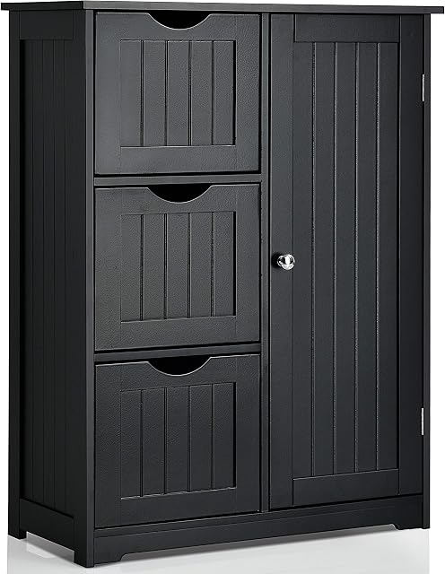 COSTWAY Bathroom Floor Cabinet, Wooden Free Standing Storage Cupboard with 3/4 Drawers, Adjustable Shelf and Door, Home Kitchen Living Room Hallway Organiser Unit (Black, 3 Drawers)