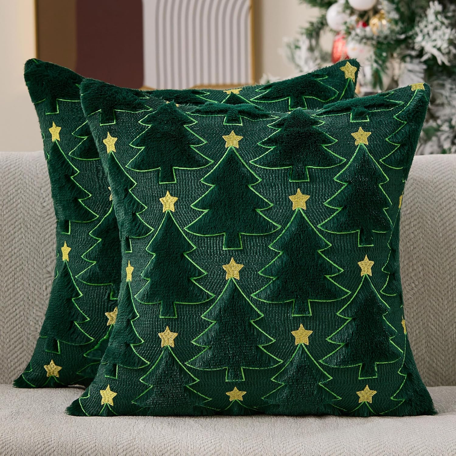 Allorry Christmas Pillow Covers 18 x 18 Set of 2 Green Pentagram Christmas Tree Pillow Covers Decorations Plush Faux Fur Soft Cushion Case for Winter Xmas Holiday Home Bedroom Sofa Decor PT014-A18