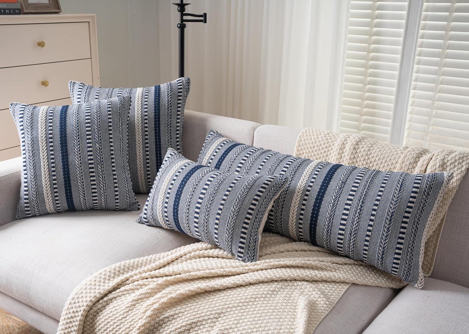 Cethom Boho Lumbar Pillow Covers 14x36 Long, Farmhouse Decorative Couch Pillow Cases, Navy Blue Accent Pillows of Bed, Sofa Bedroom Living Room Home Decor Cushion Cover, Pack of 1