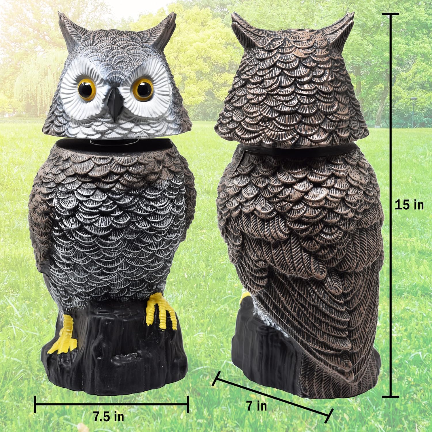 Galashield Owl Decoy to Scare Birds Away Scarecrow Fake Owl with Rotating Head 15" Tall - Image 2