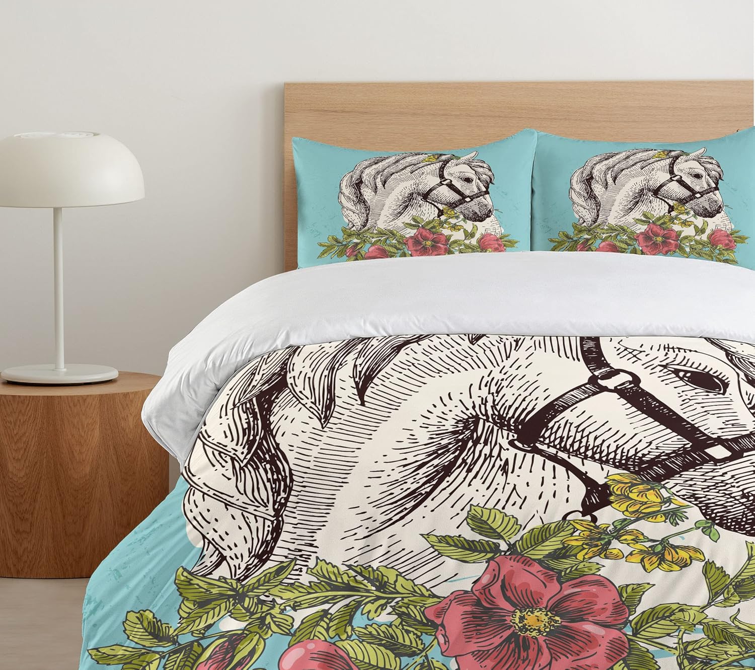 Ambesonne Floral Duvet Cover Set, Boho Style Horse Opium Blossoms Poppy Wreath Illustration, Decorative 3 Piece Bedding Set with 2 Pillow Shams, Queen Size, Turquoise Green