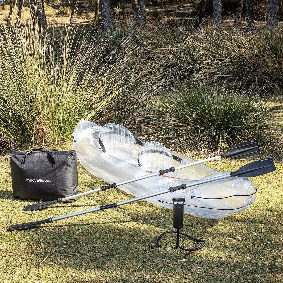 Canoé Kayak Gonflable Transparent 2 Places 2 poignées de Transport avec Accessoires : Gonfleur Manuel + 2 rames + 2 sièges gonflables + Sac de Transport + kit de réparation.