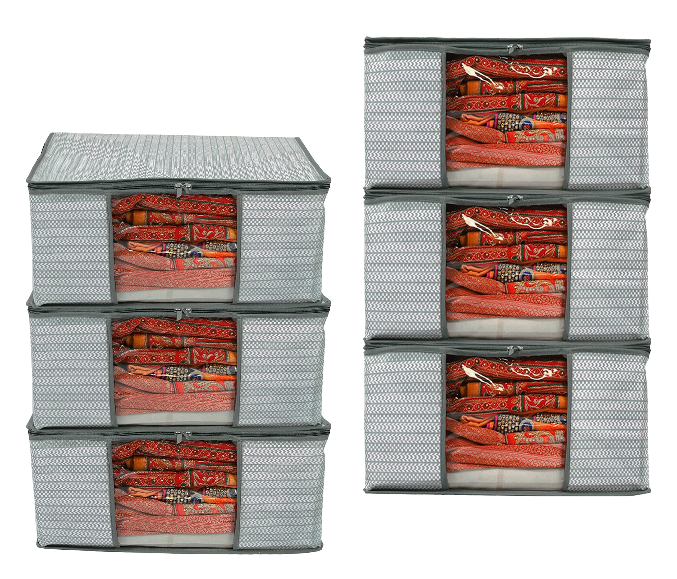 PENADIA6 Piece Printed Non Woven Saree Cover Set,Clothes Organiser For Wardrobe Set with Transparent Window And Zipper (PACK OF 6, B3-GREY)