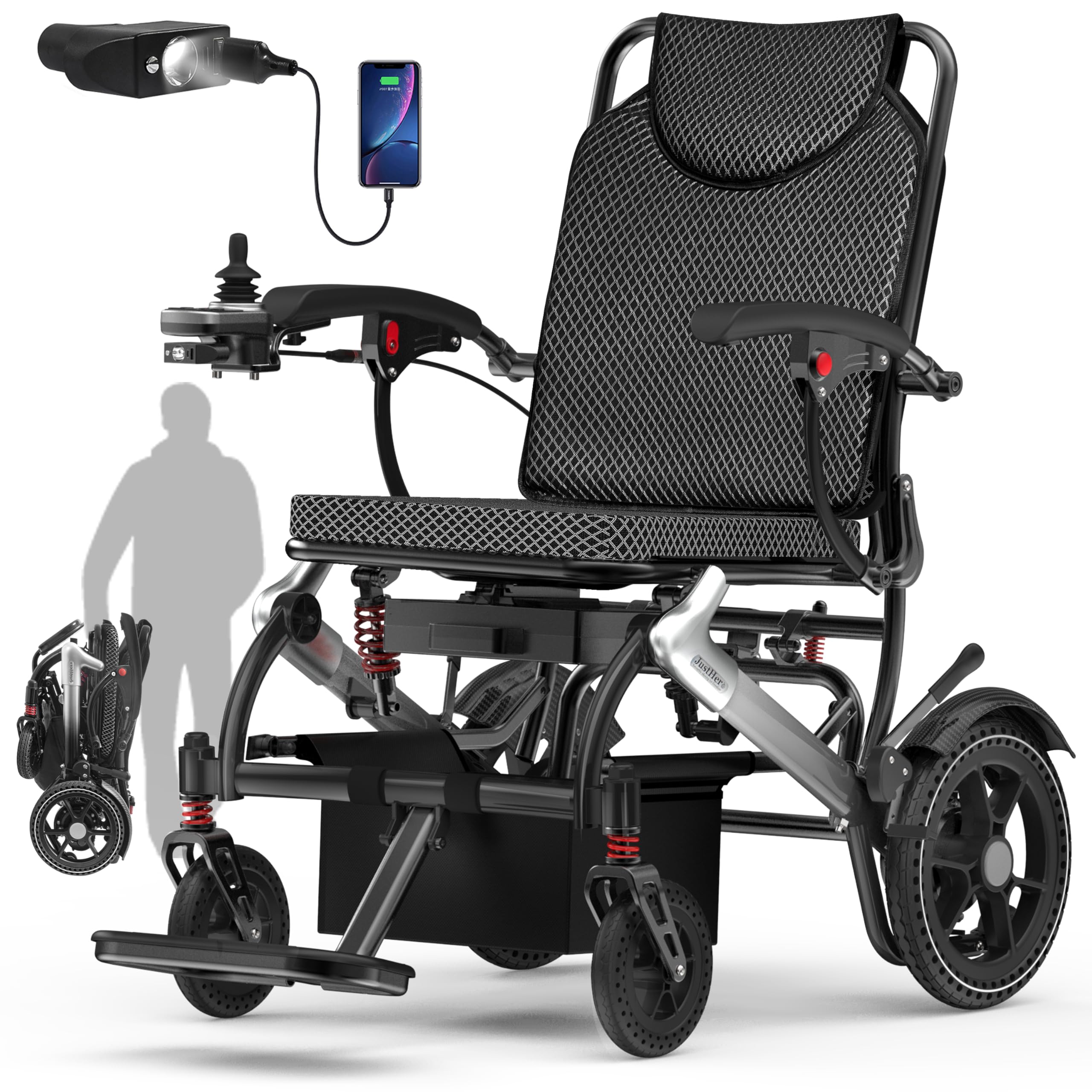 Electric Wheelchairs for Adults Foldable 36LBS Lightweight, 15 Miles Travel Range, Max Support 350 LBS, 500W Brushless Motors Power Motorized for Seniors with LED Light, Airline Approval-Silver Color