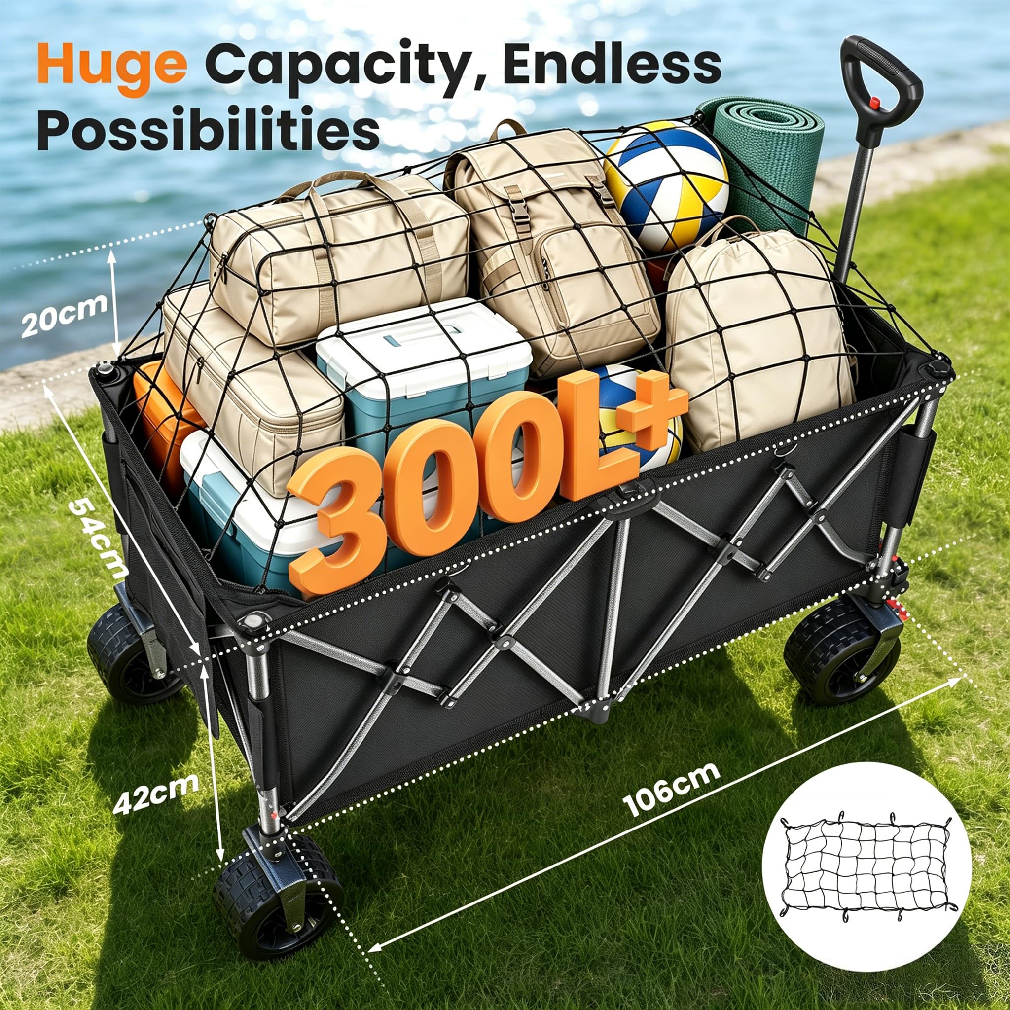 YEAUPE PRO Carrello pieghevole in 4 direzioni con apertura laterale, portata 185 l, 150 kg, pieghevole, con freno di stazionamento e manico regolabile in altezza, per spiaggia, campeggio, giardino